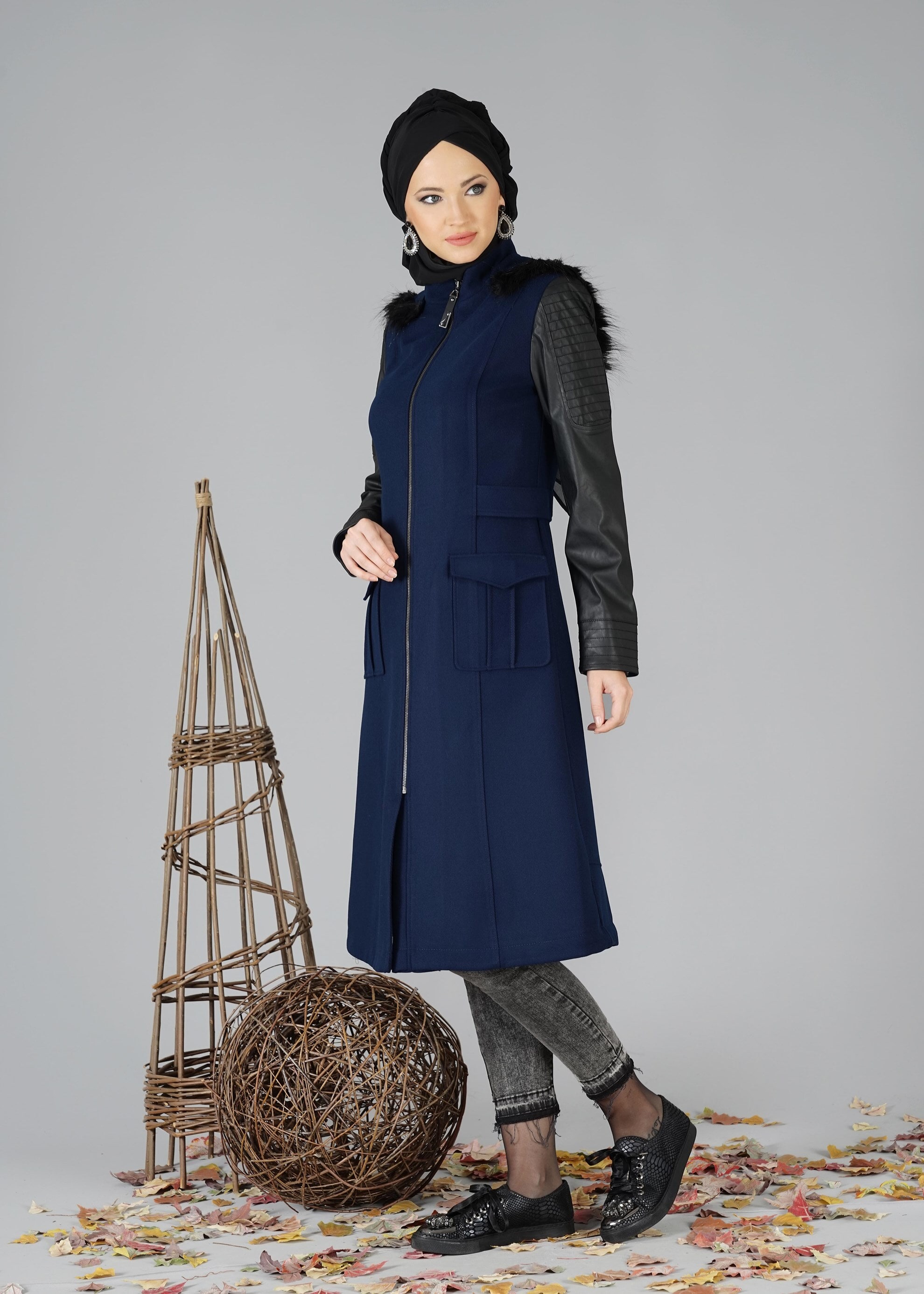 Tesettür giyim LACİVERT 1861 TRENÇKOT