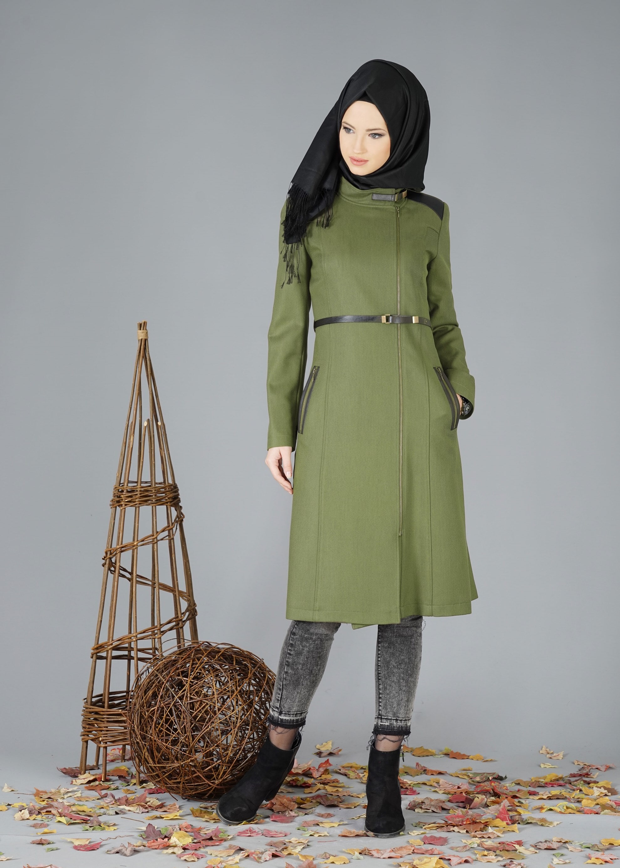 Tesettür giyim HAKİ 1862 TRENÇKOT