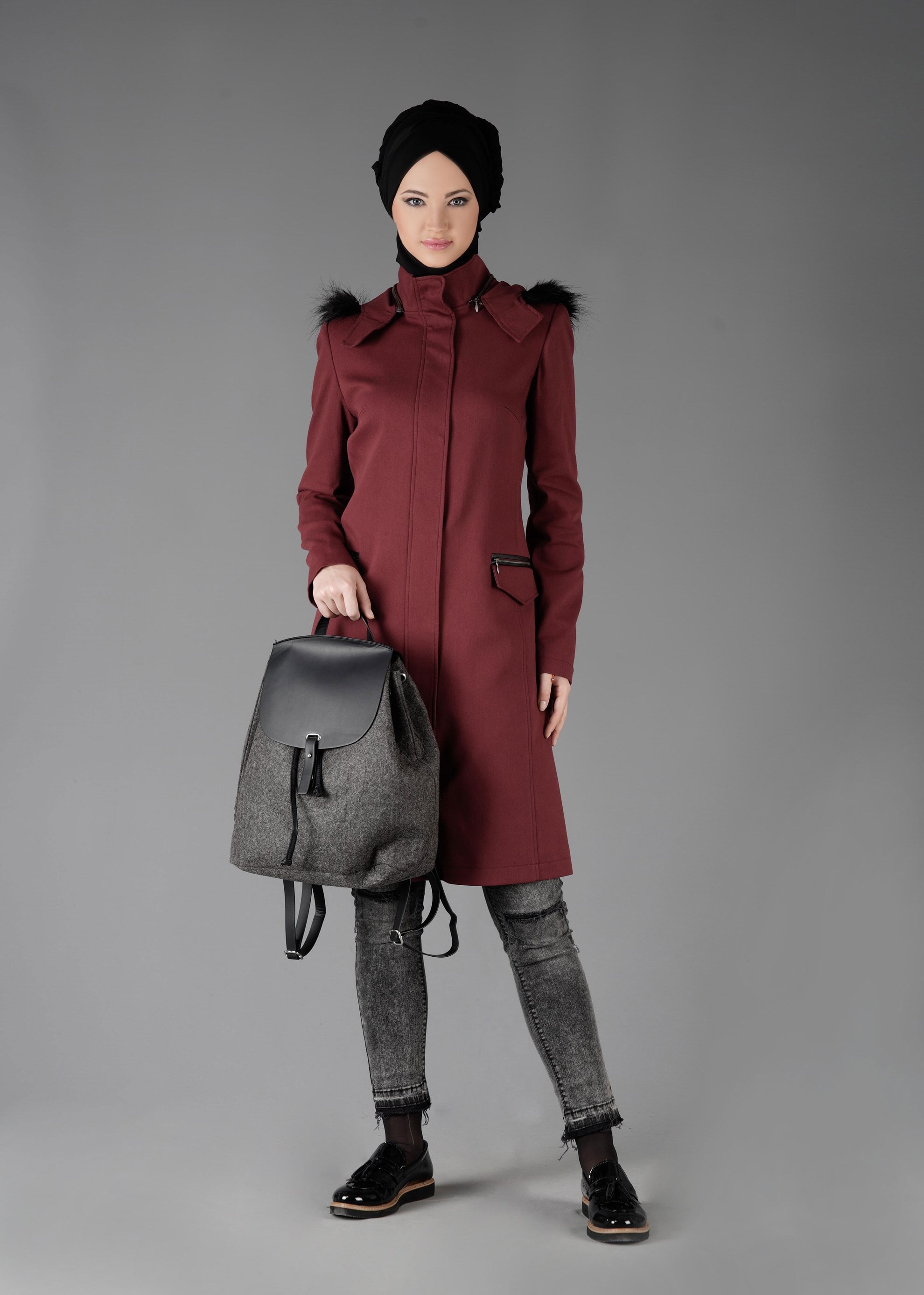 Tesettür giyim BORDO 1870 TRENÇKOT