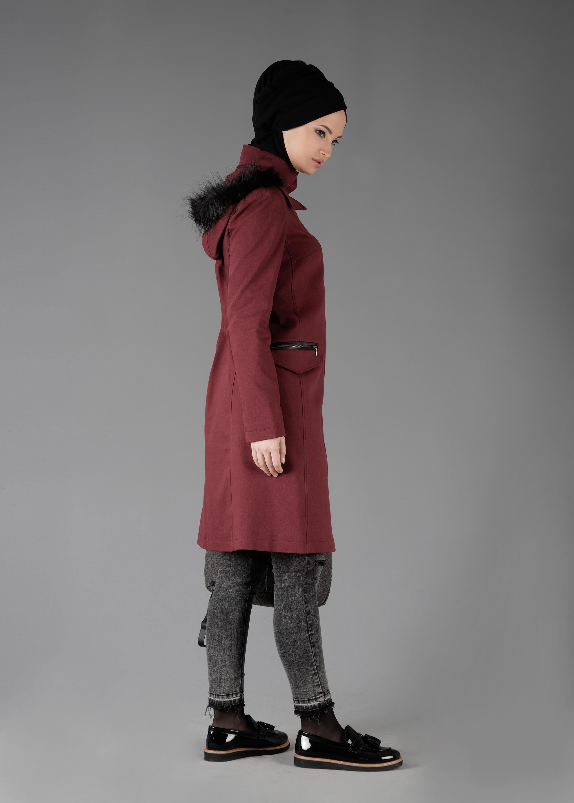 Tesettür giyim BORDO 1870 TRENÇKOT