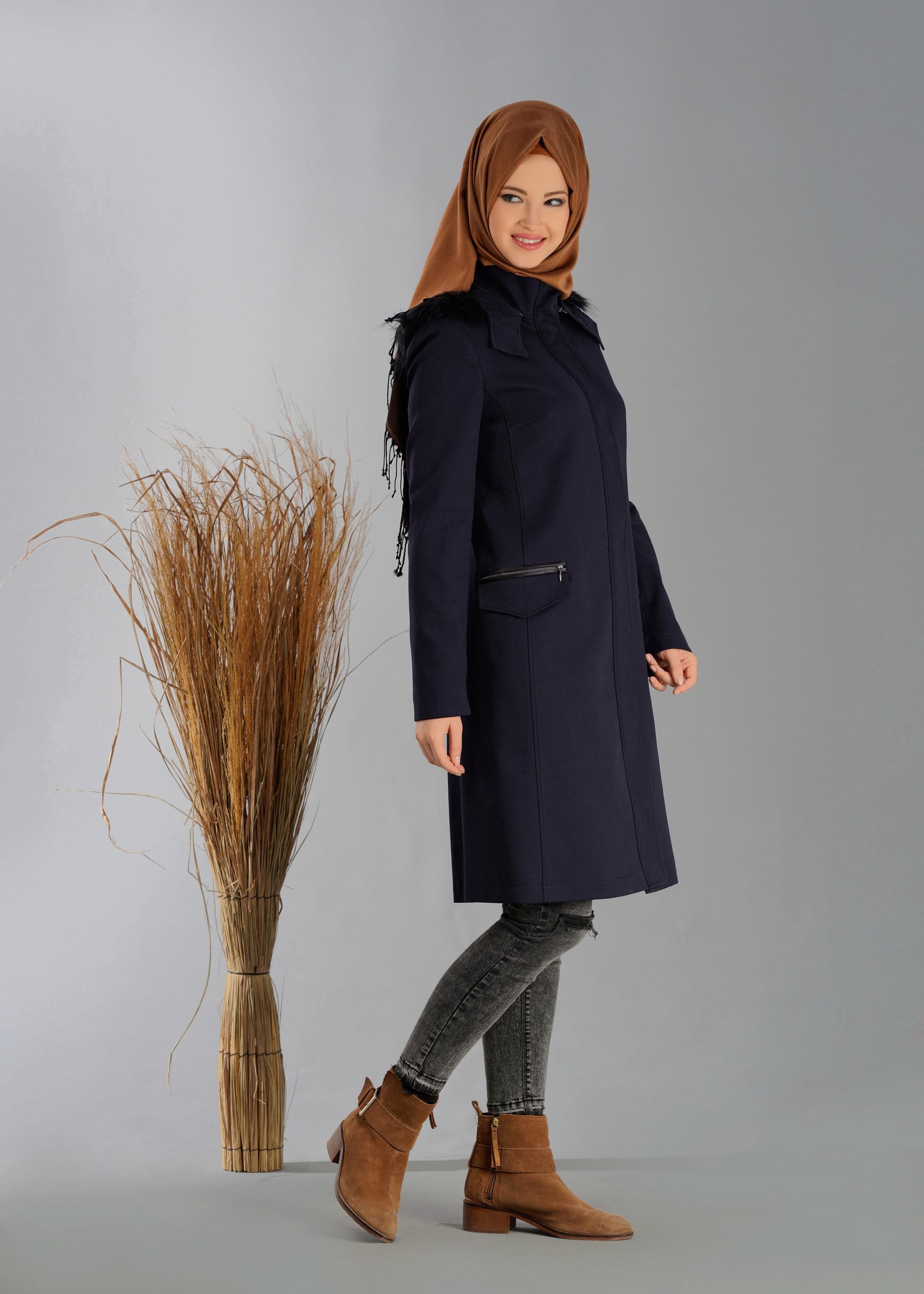 Tesettür giyim LACİVERT 1870 TRENÇKOT