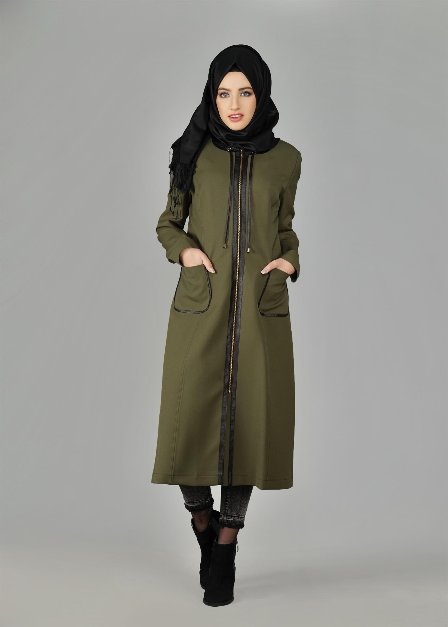 Tesettür giyim YEŞİL 1871 TRENÇKOT 