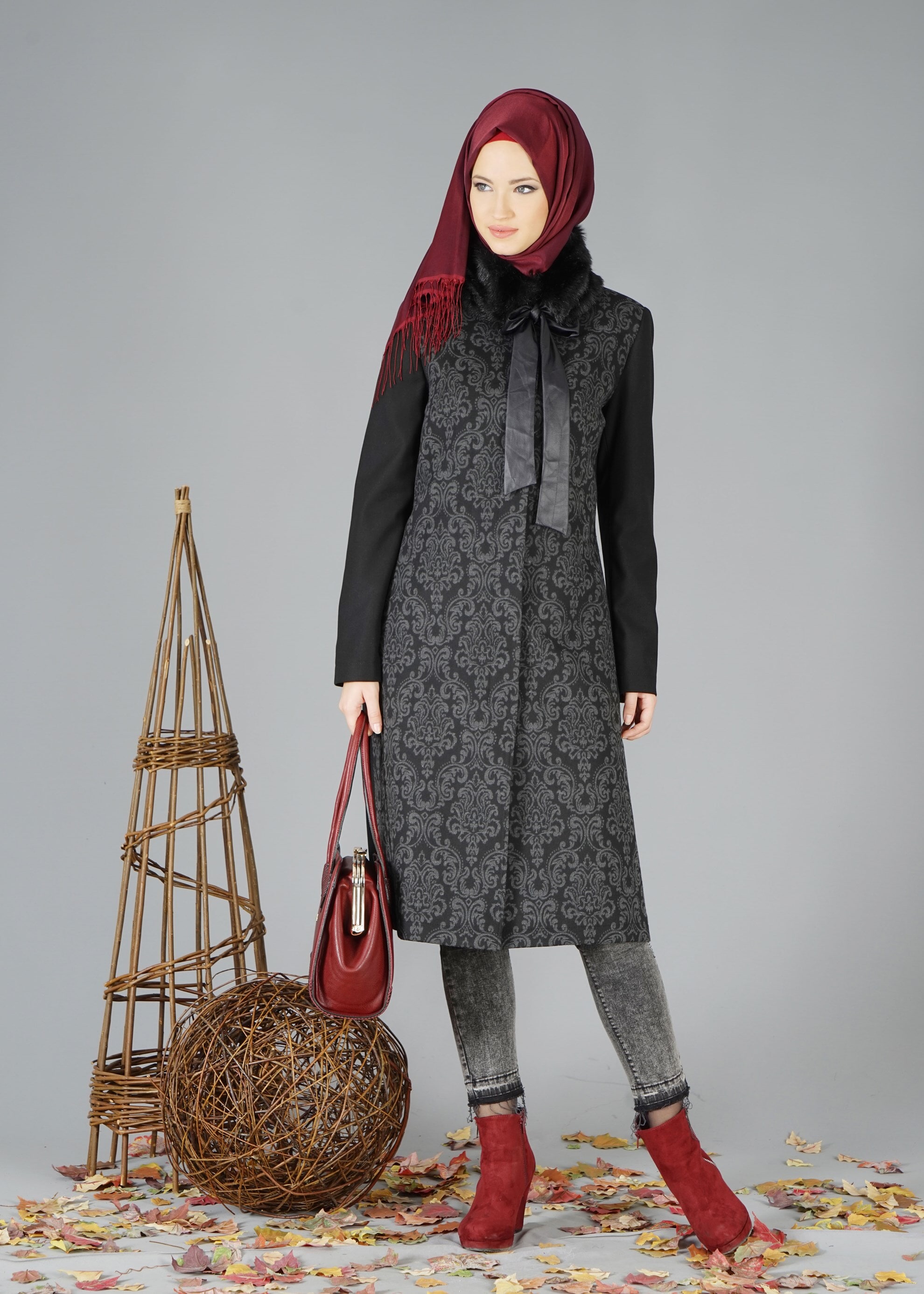 Tesettür giyim GRİ 1886 TRENÇKOT