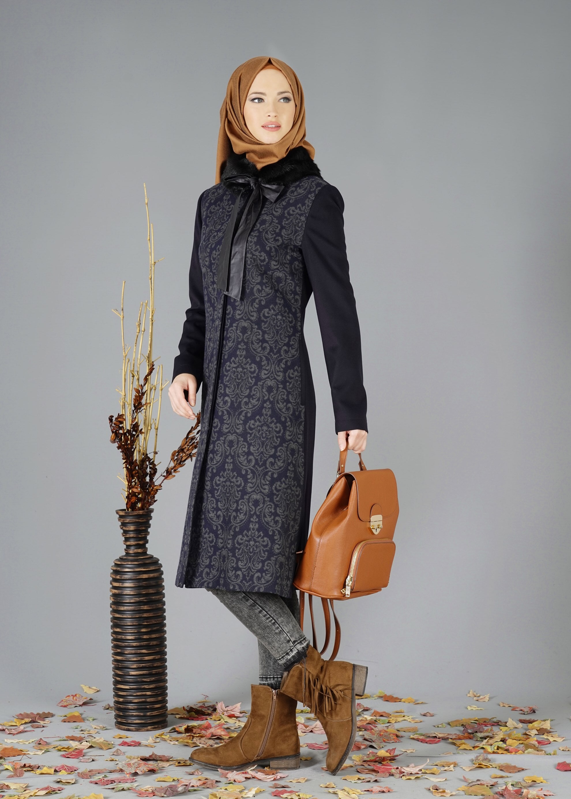 Tesettür giyim LACİVERT 1886 TRENÇKOT