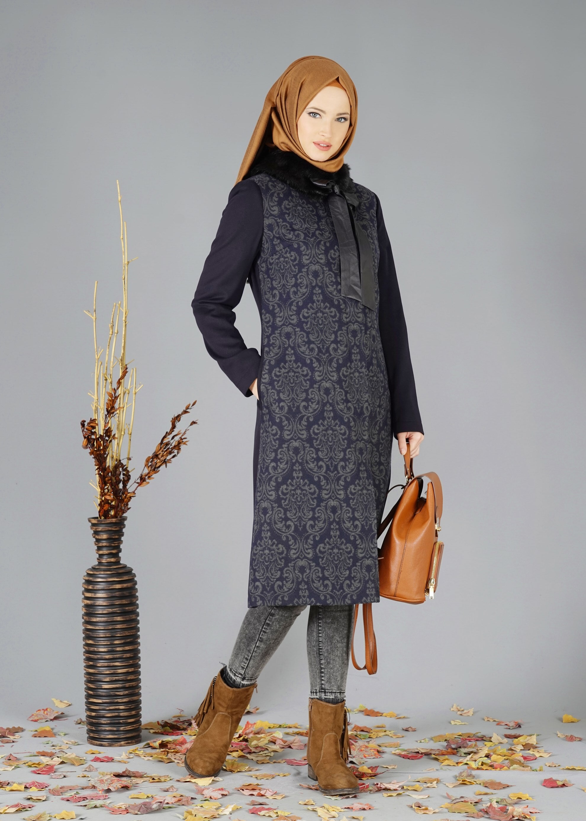Tesettür giyim LACİVERT 1886 TRENÇKOT