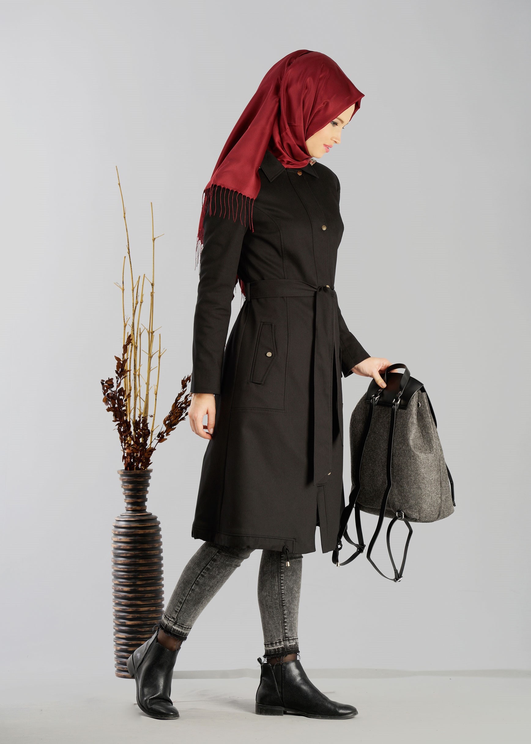 Tesettür giyim SİYAH 1896 TRENÇKOT