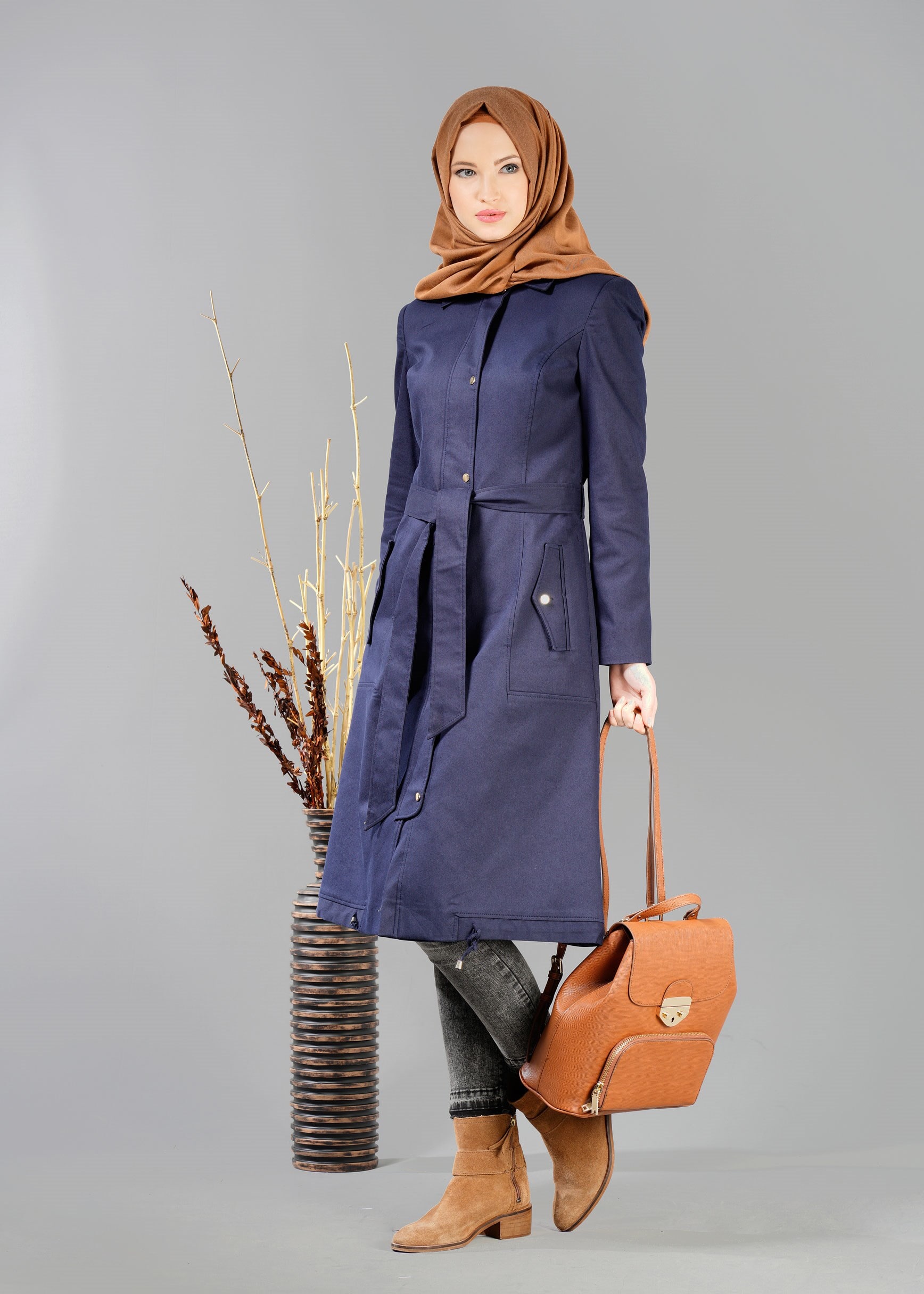 Tesettür giyim LACİVERT 1896 TRENÇKOT