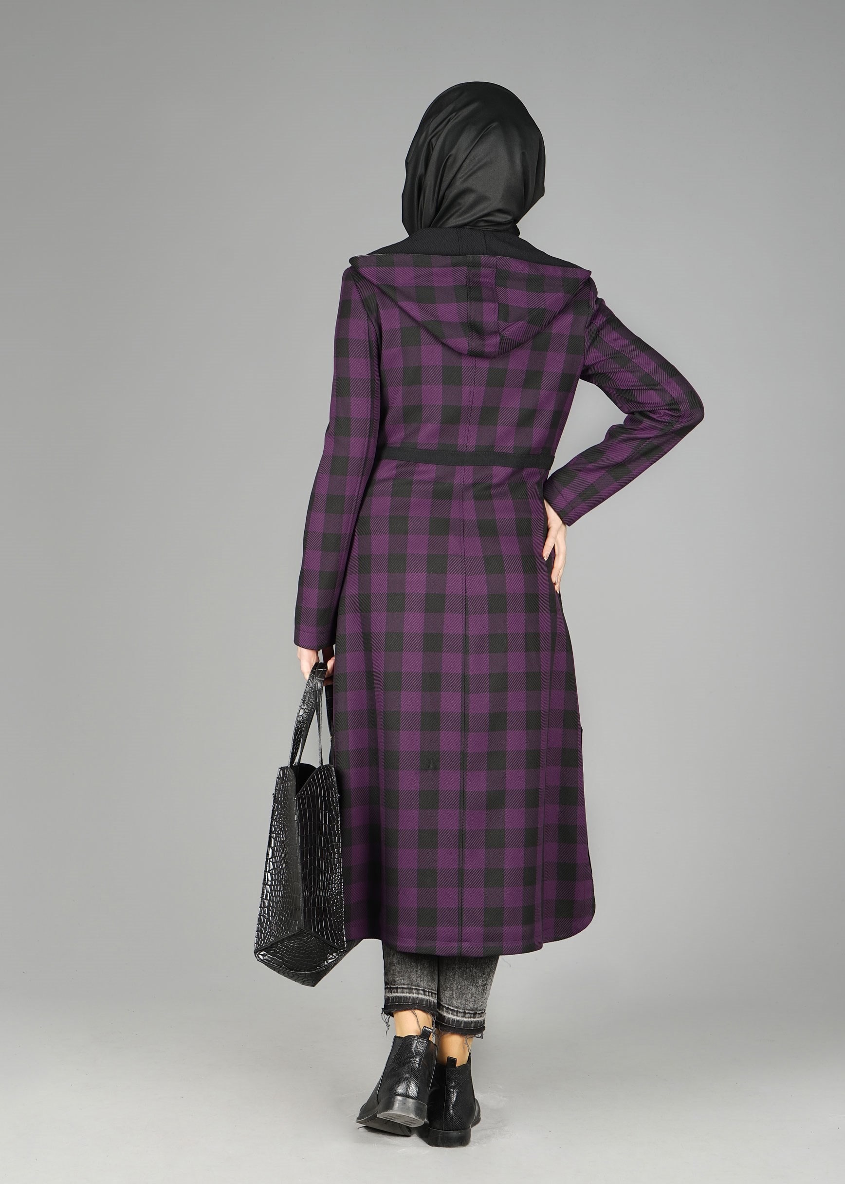 Tesettür giyim MOR CEP DETAYLI FERMUARLI EKOSE TRENÇKOT 1898 