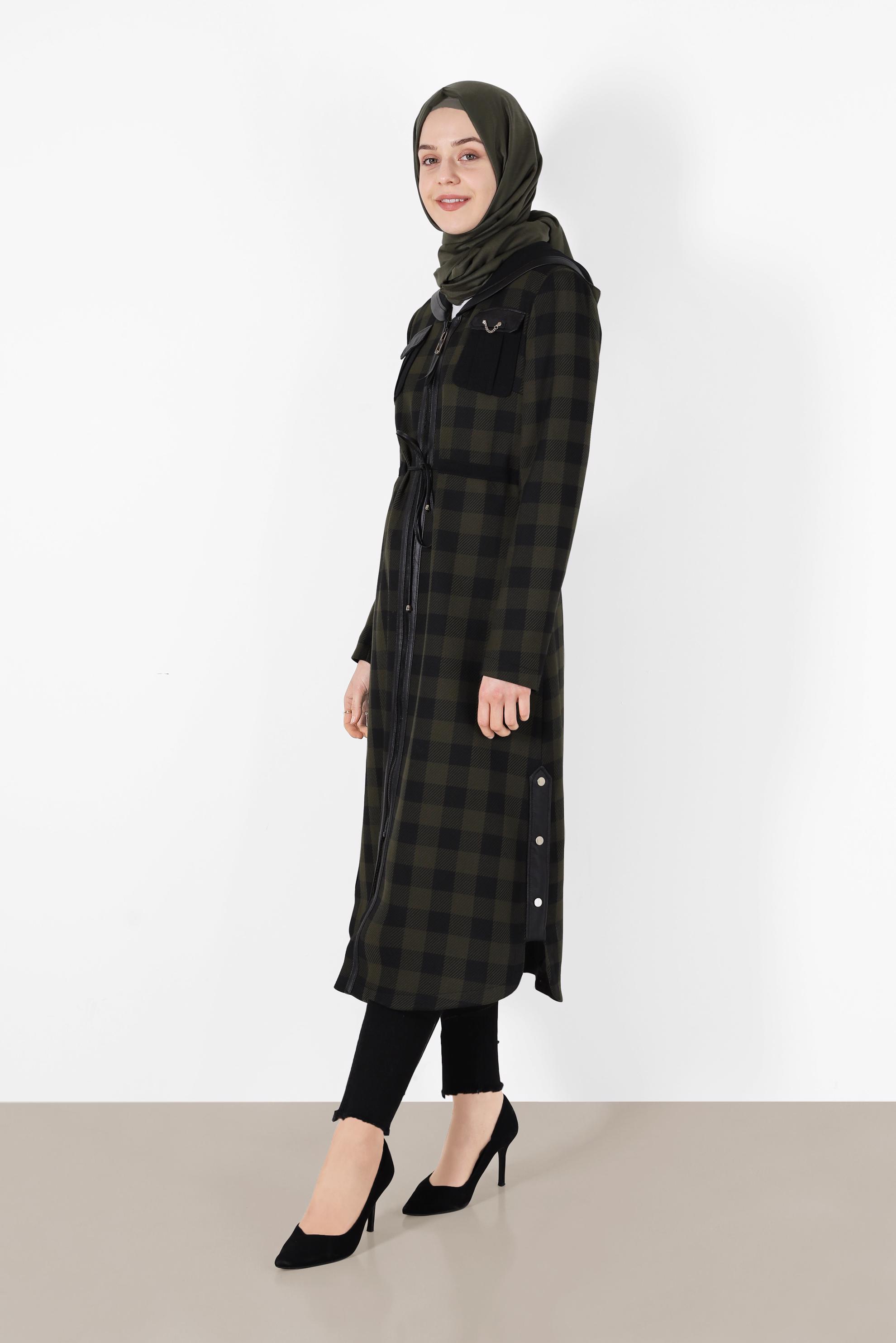 Tesettür giyim HAKİ CEP DETAYLI FERMUARLI EKOSE TRENÇKOT 1898 