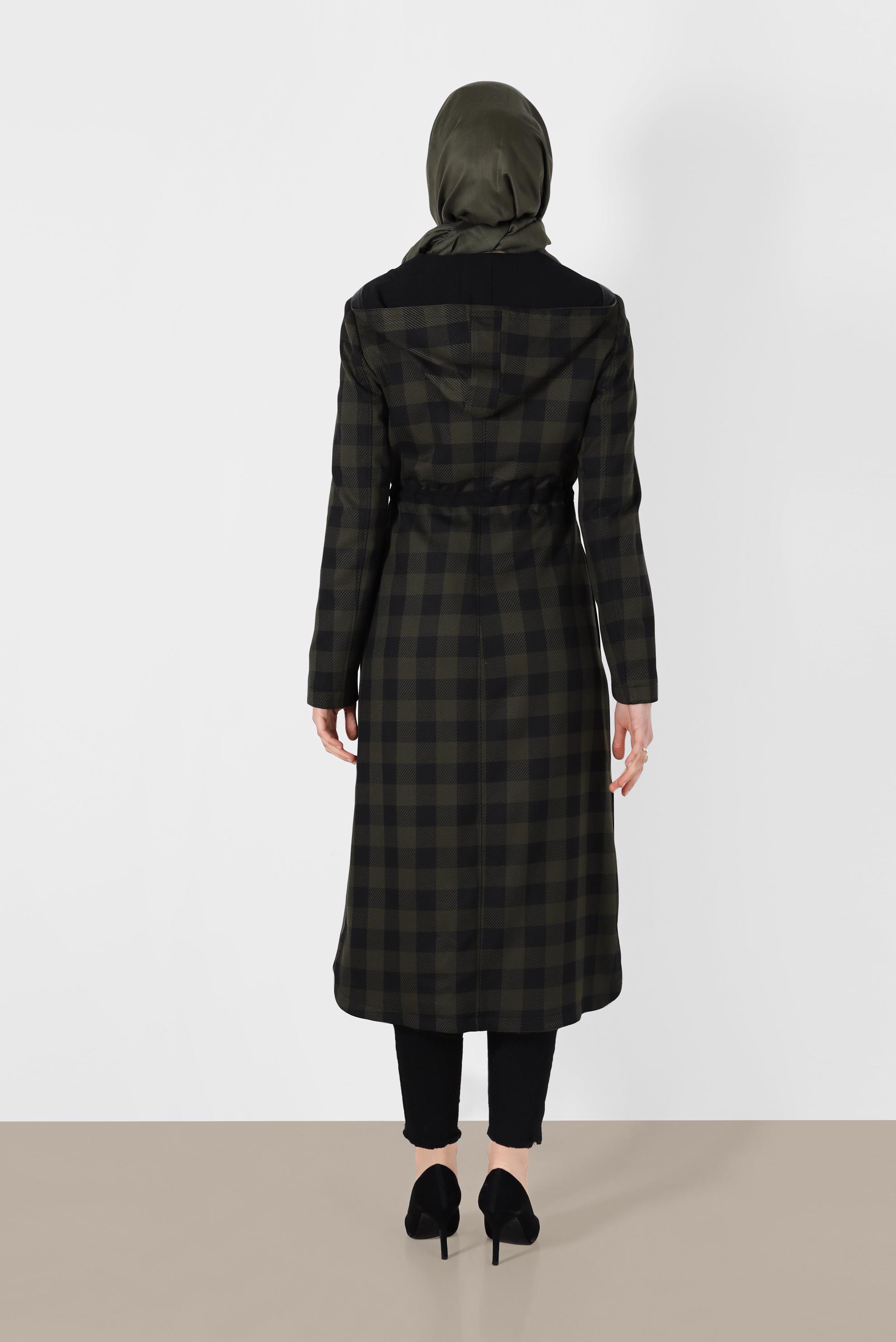 Tesettür giyim HAKİ CEP DETAYLI FERMUARLI EKOSE TRENÇKOT 1898 