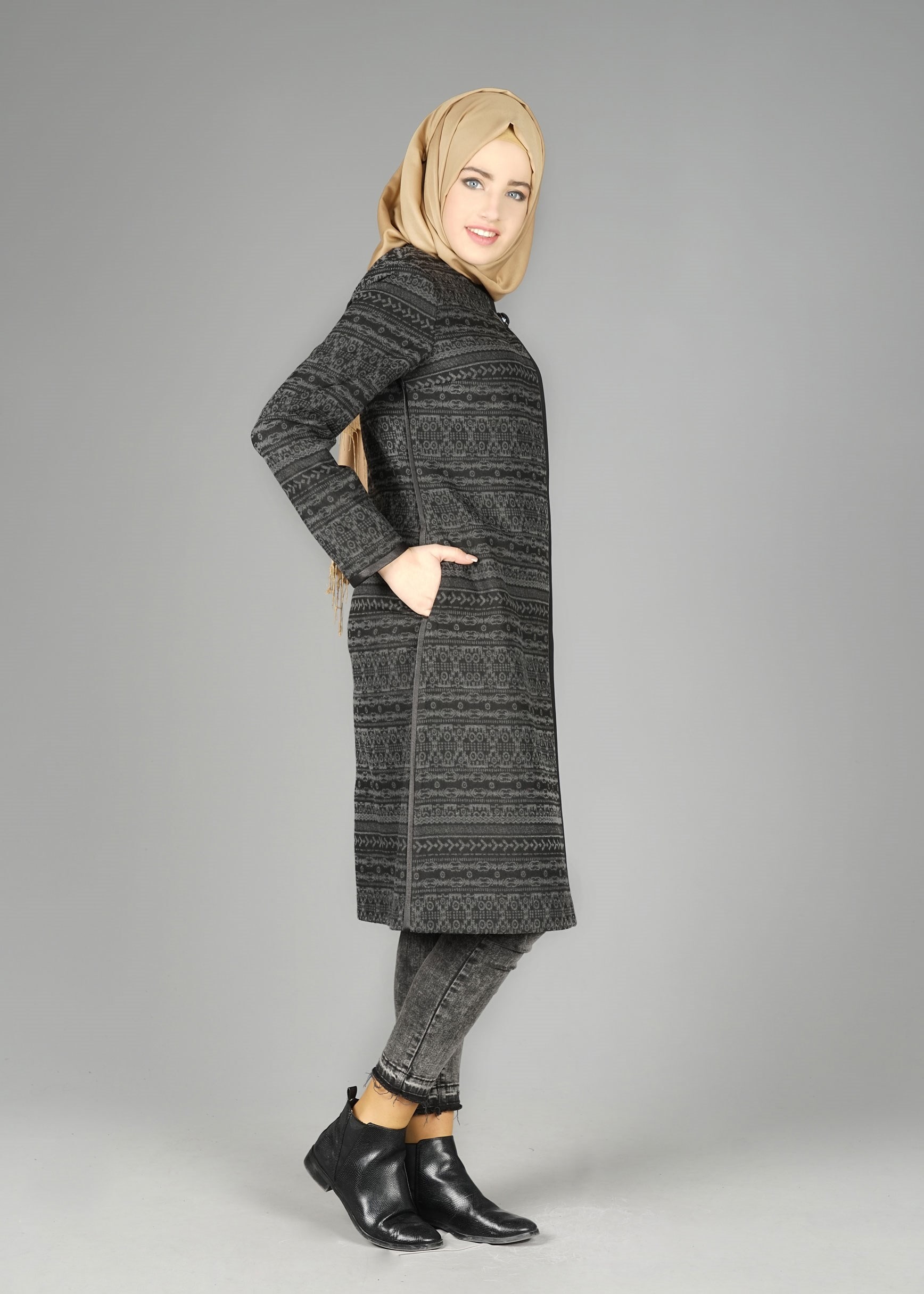 Tesettür giyim GRİ 1900 TRENÇKOT
