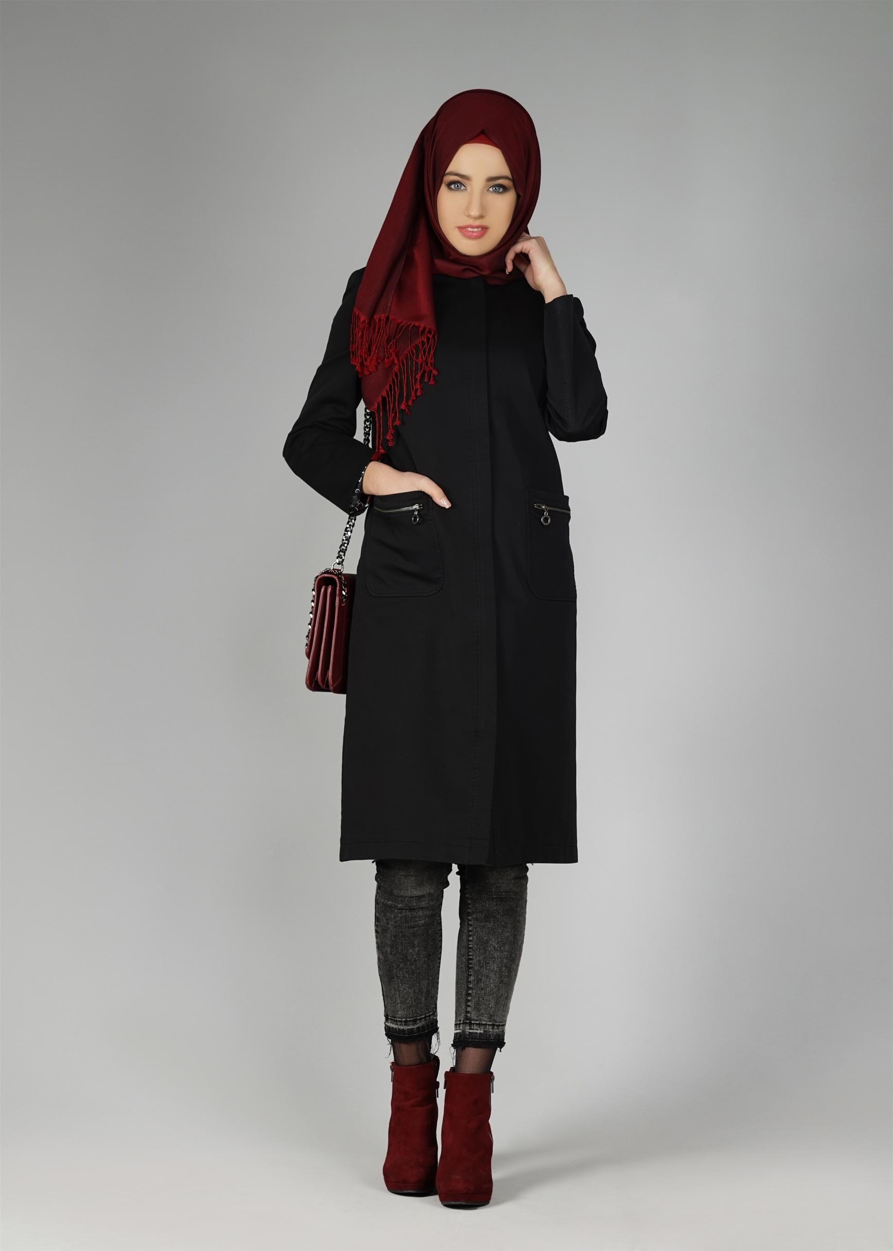 Tesettür giyim SİYAH TRENÇKOT 1917 