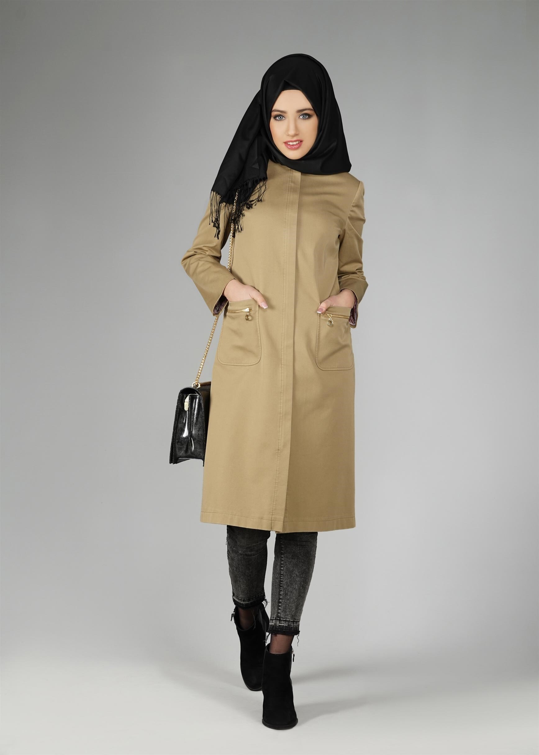 Tesettür giyim KAHVE TRENÇKOT 1917 