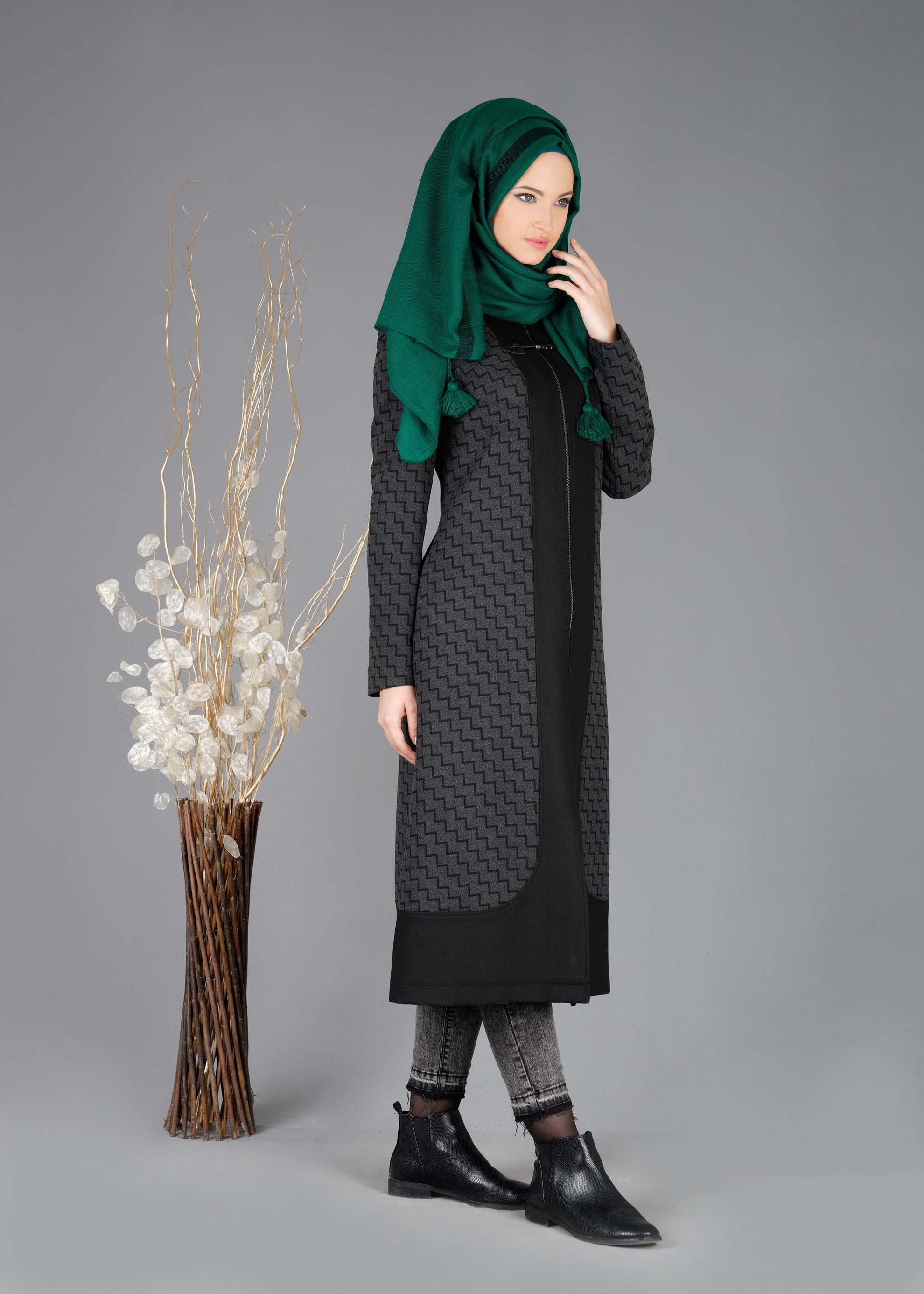 Tesettür giyim GRİ 1919 TRENÇKOT