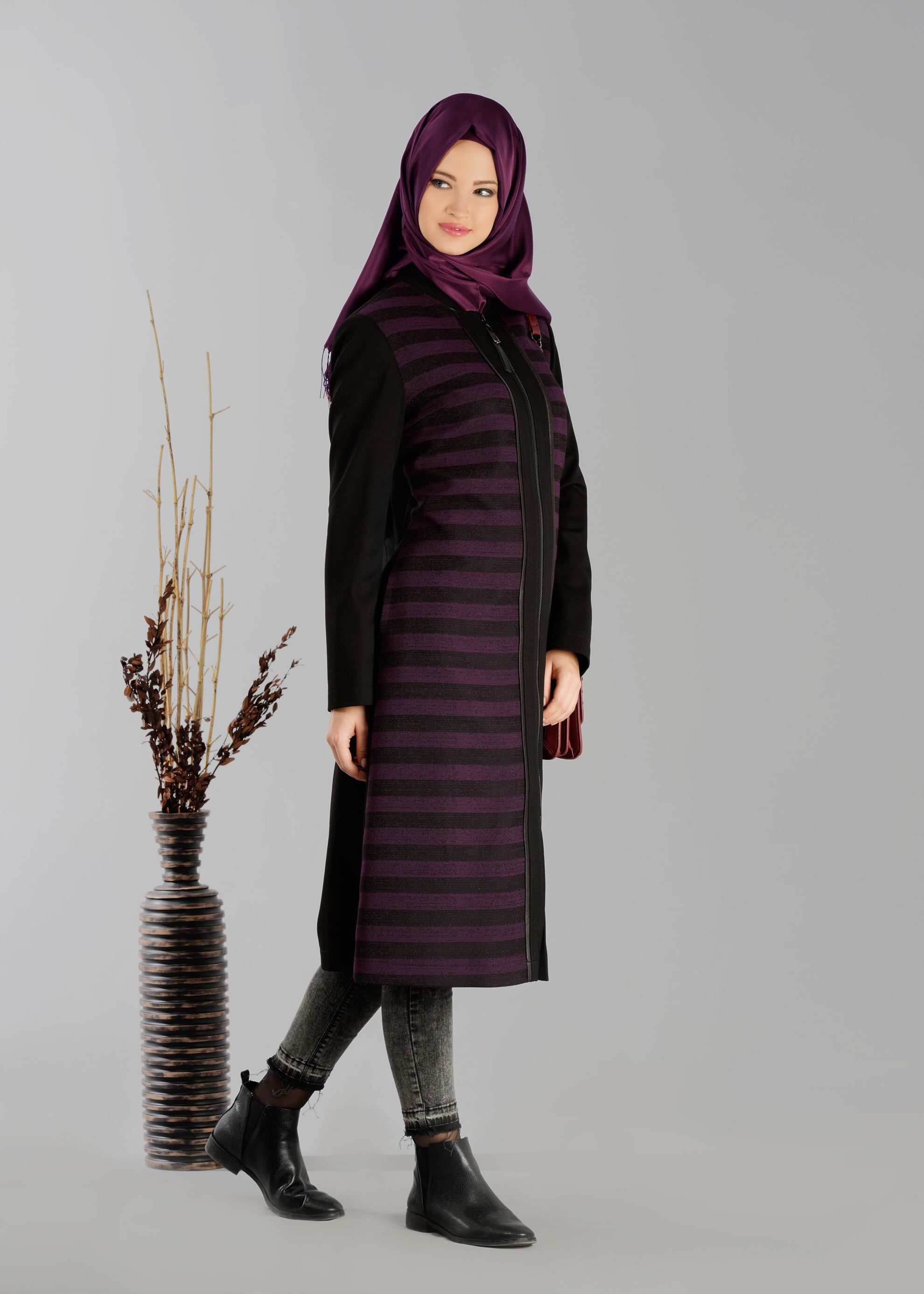 Tesettür giyim MOR FERMUARLI ŞERİT DETAYLI TRENÇKOT 1936 