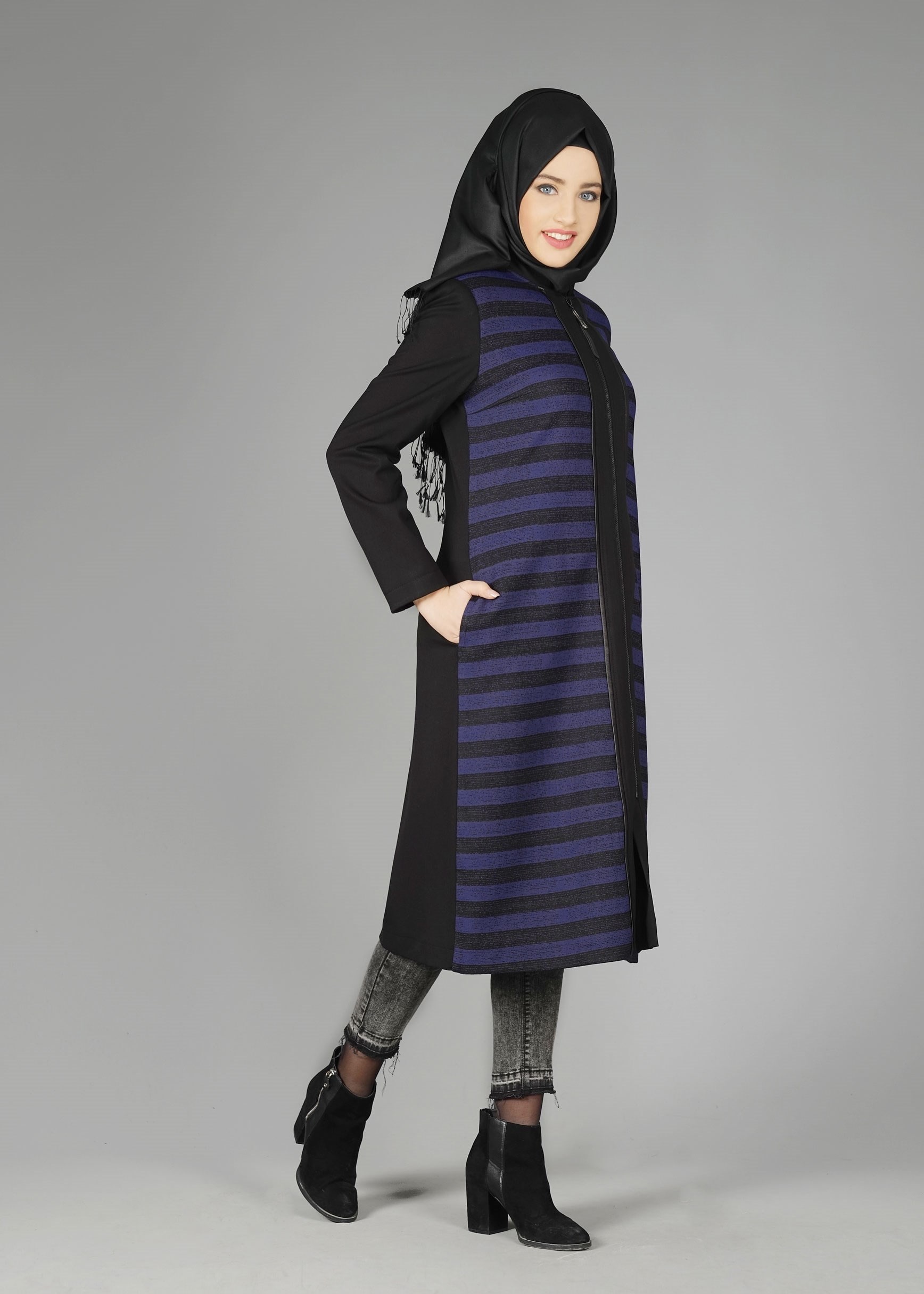 Tesettür giyim LACİVERT FERMUARLI ŞERİT DETAYLI TRENÇKOT 1936 