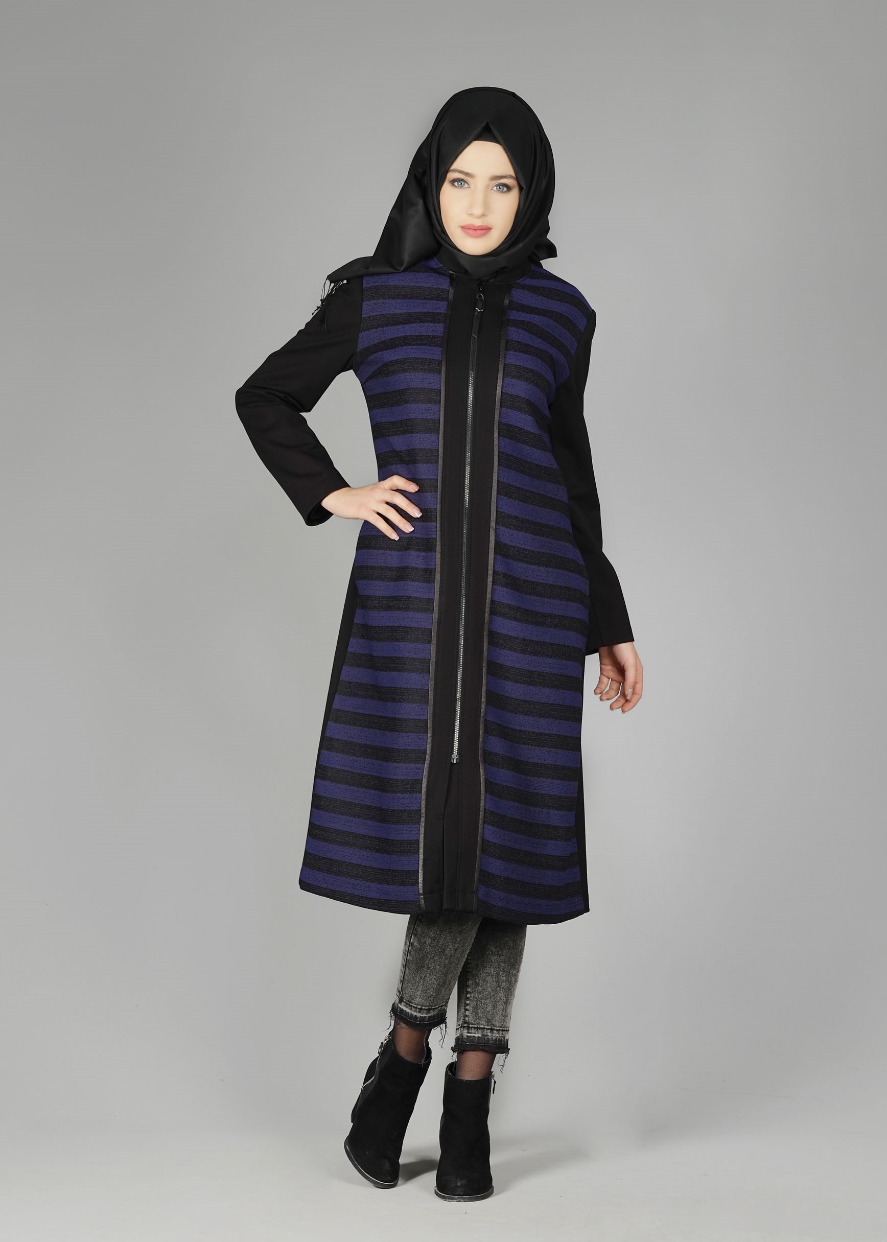 Tesettür giyim LACİVERT FERMUARLI ŞERİT DETAYLI TRENÇKOT 1936 