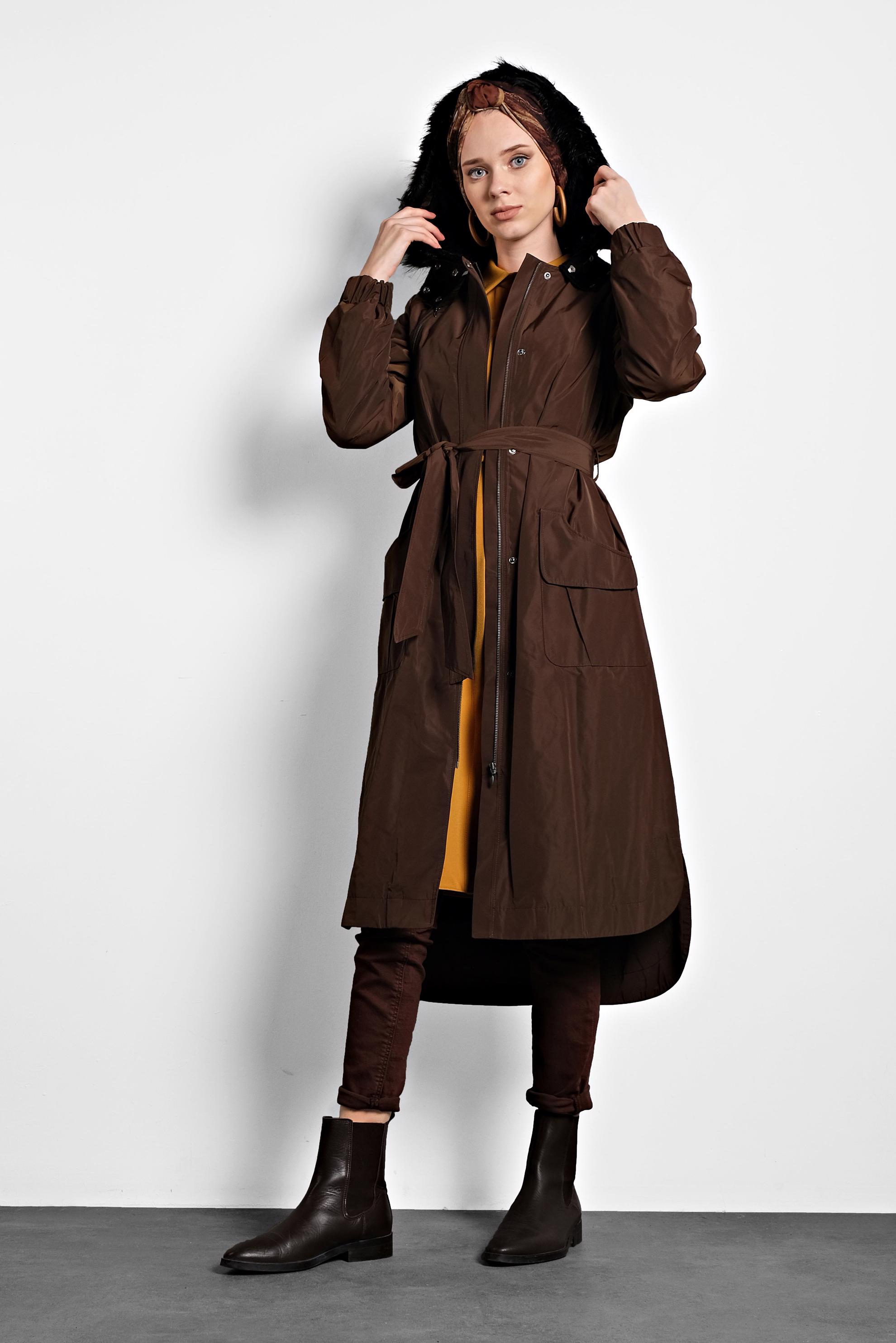 Tesettür giyim KAHVE KAPÜŞONLU TRENCH 1947