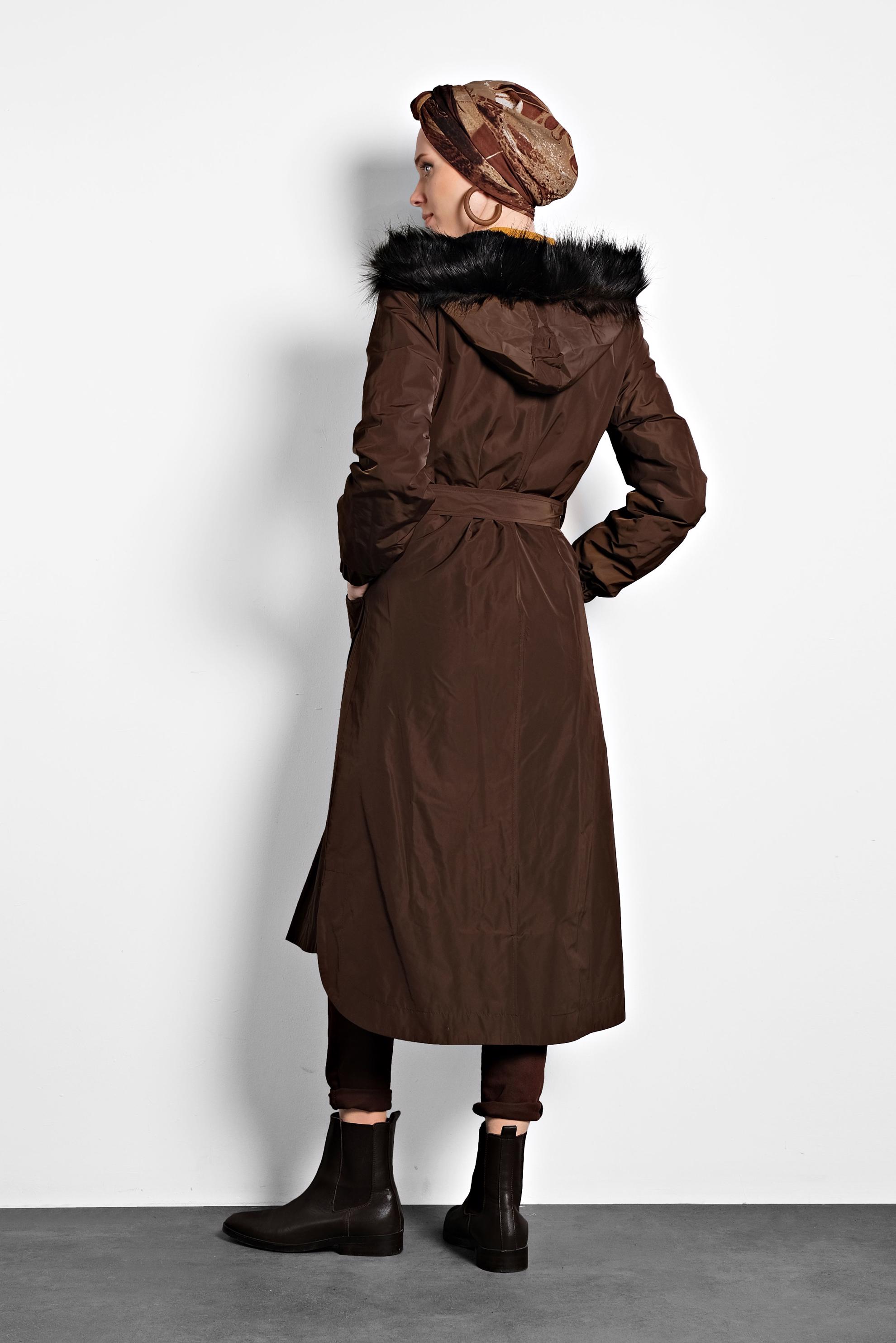 Tesettür giyim KAHVE KAPÜŞONLU TRENCH 1947