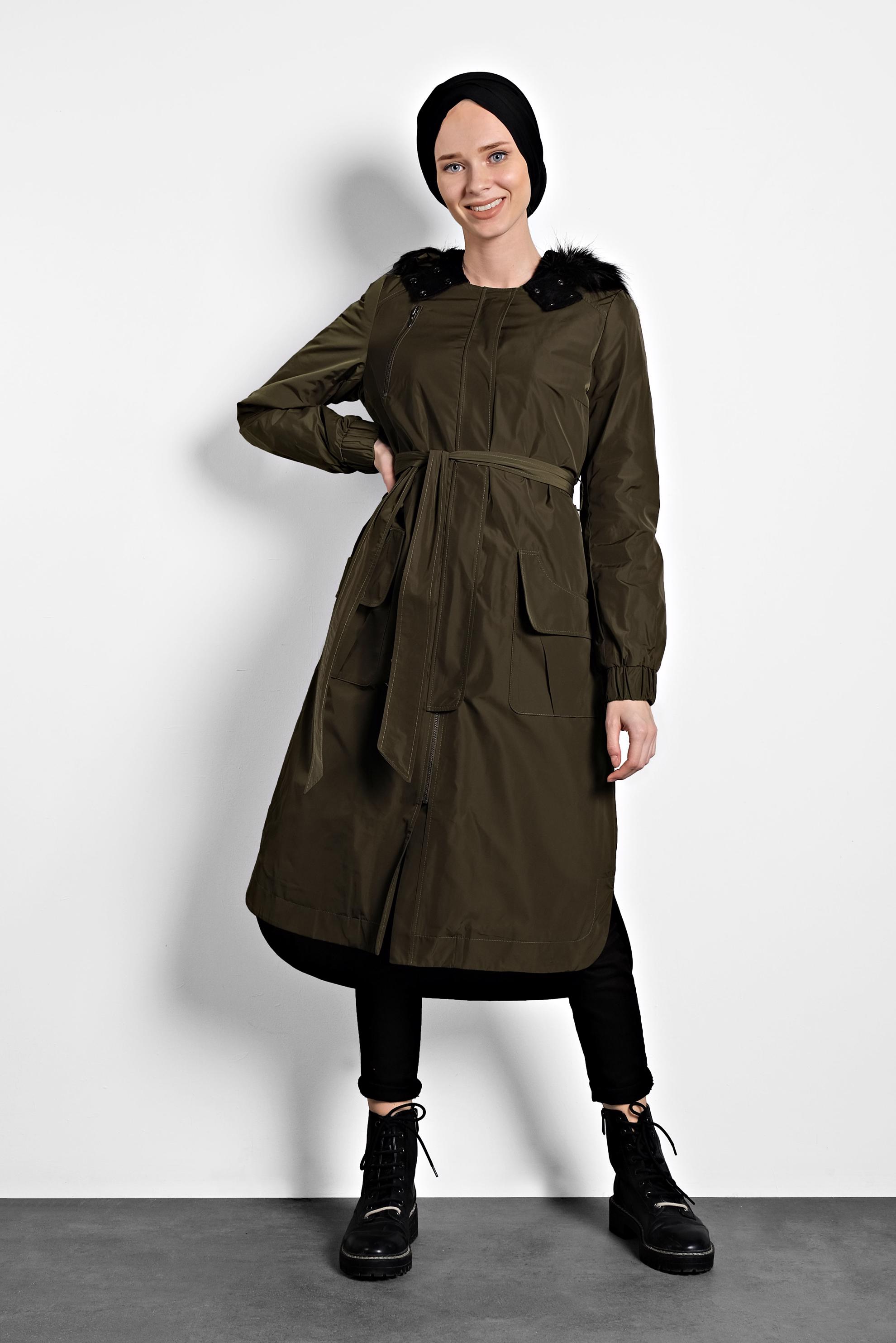 Tesettür giyim HAKİ KAPÜŞONLU TRENCH 1947