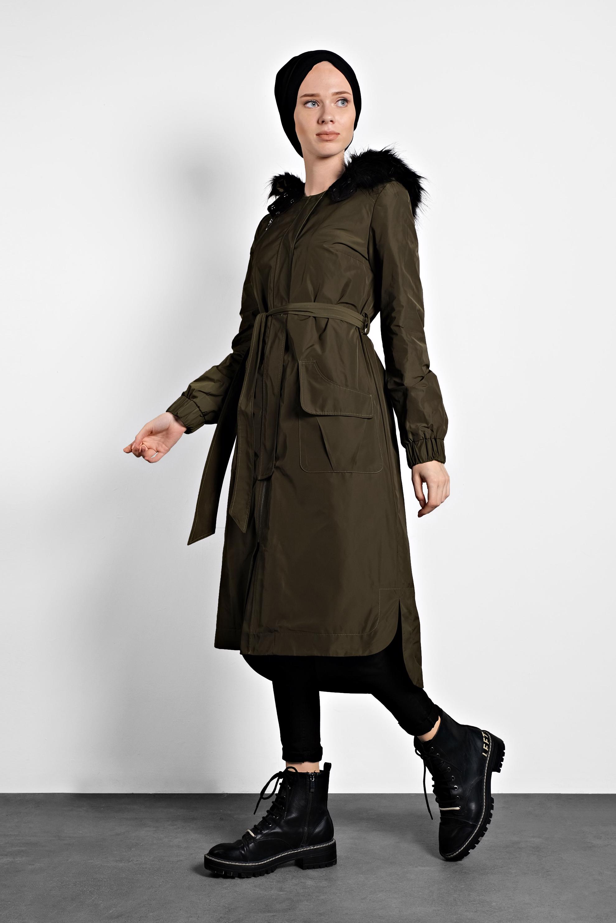 Tesettür giyim HAKİ KAPÜŞONLU TRENCH 1947