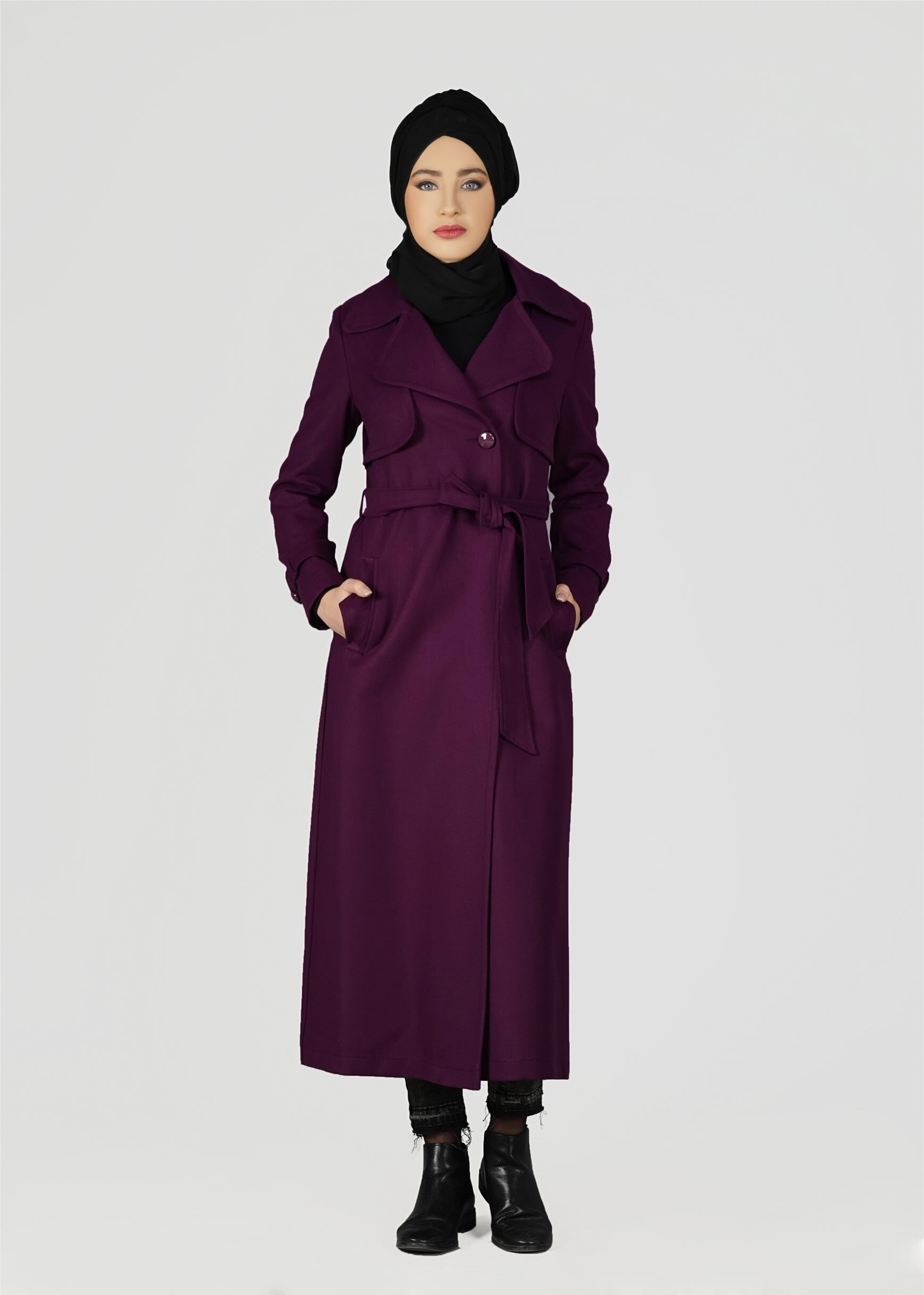 Tesettür giyim MOR KRUVAZE YAKA KUŞAKLI TRENÇKOT 1949
