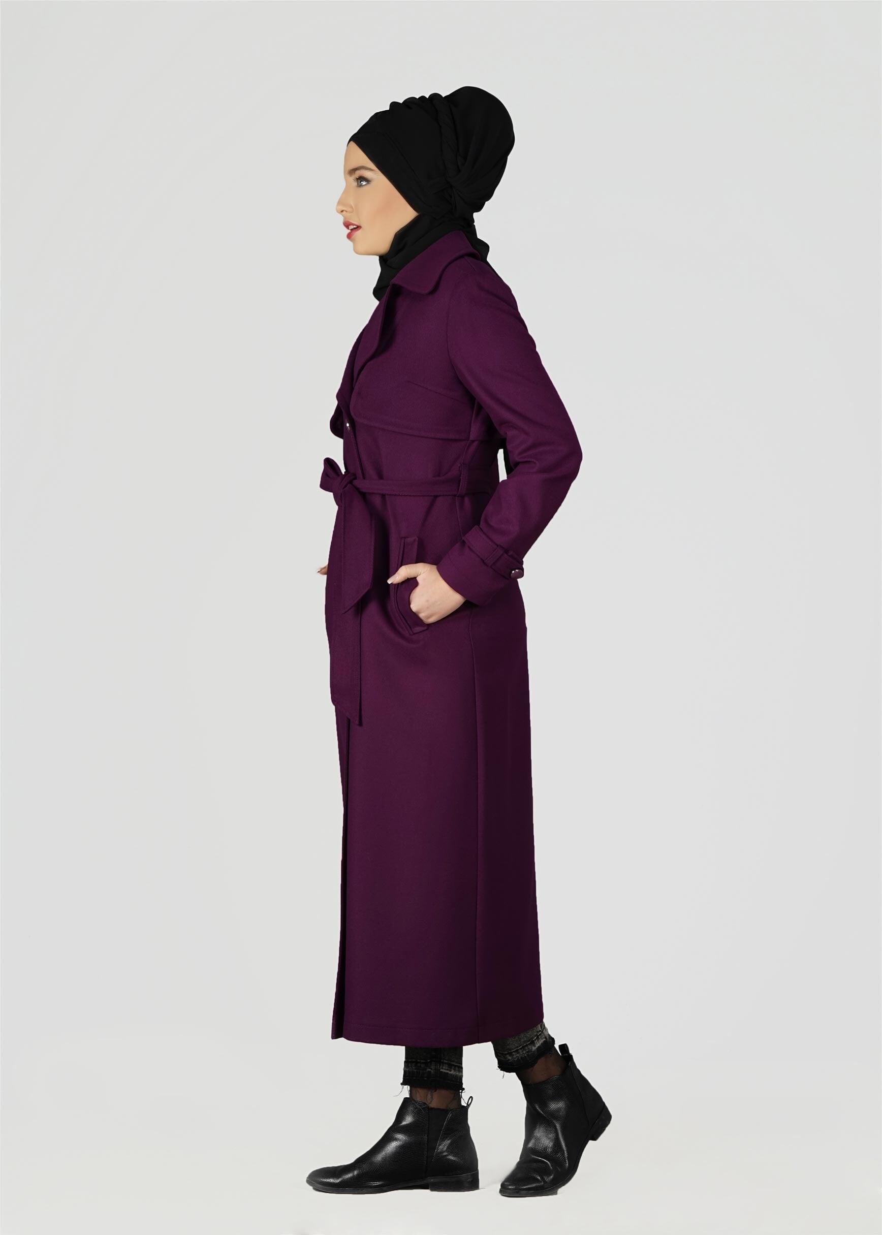 Tesettür giyim MOR KRUVAZE YAKA KUŞAKLI TRENÇKOT 1949