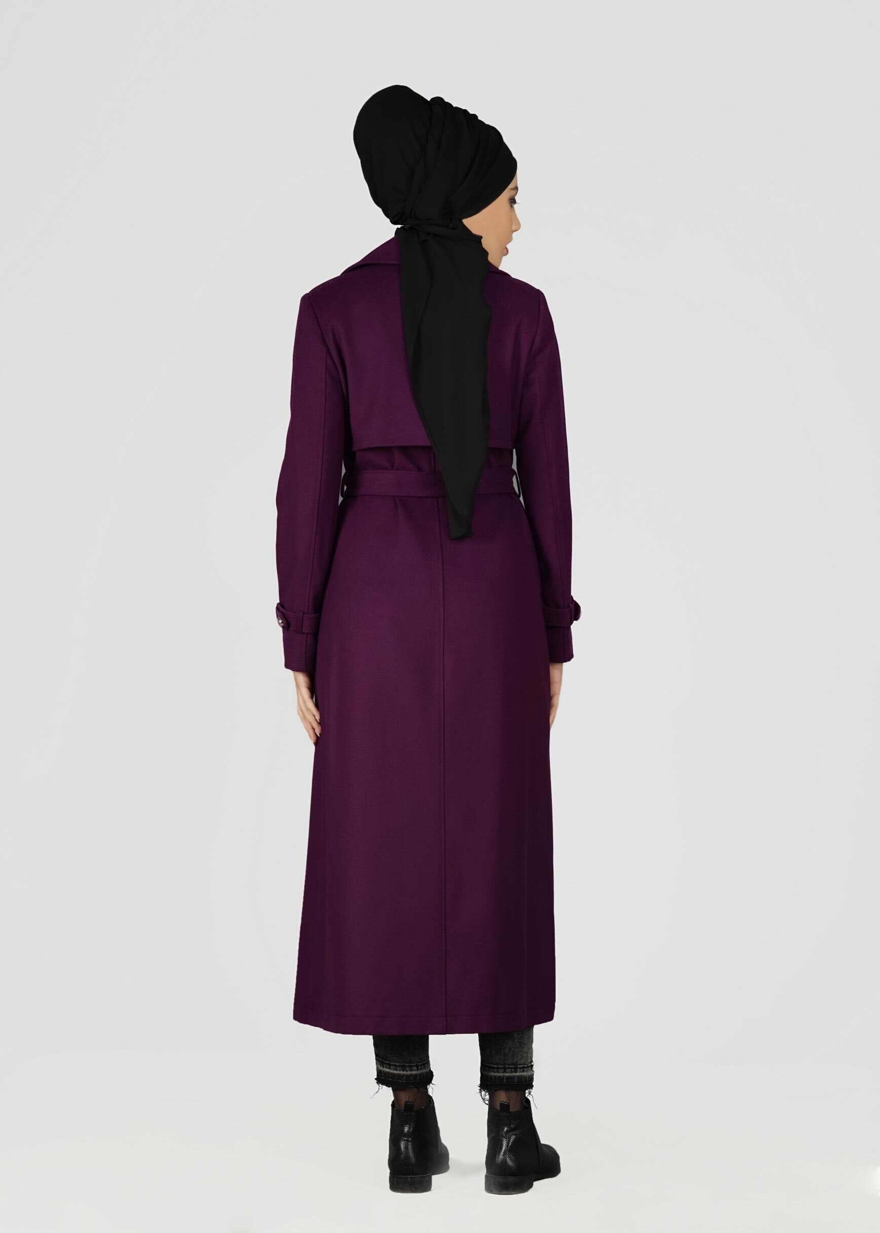 Tesettür giyim MOR KRUVAZE YAKA KUŞAKLI TRENÇKOT 1949