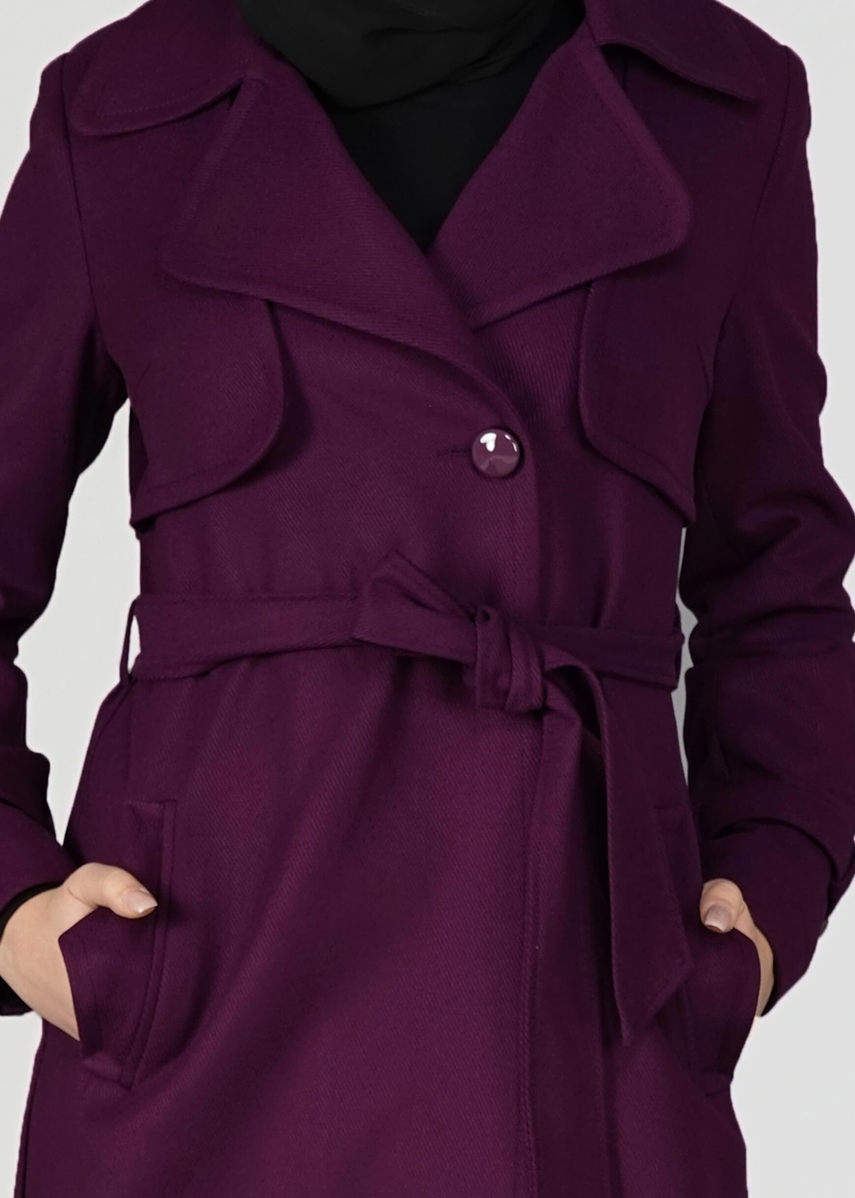 Tesettür giyim MOR KRUVAZE YAKA KUŞAKLI TRENÇKOT 1949