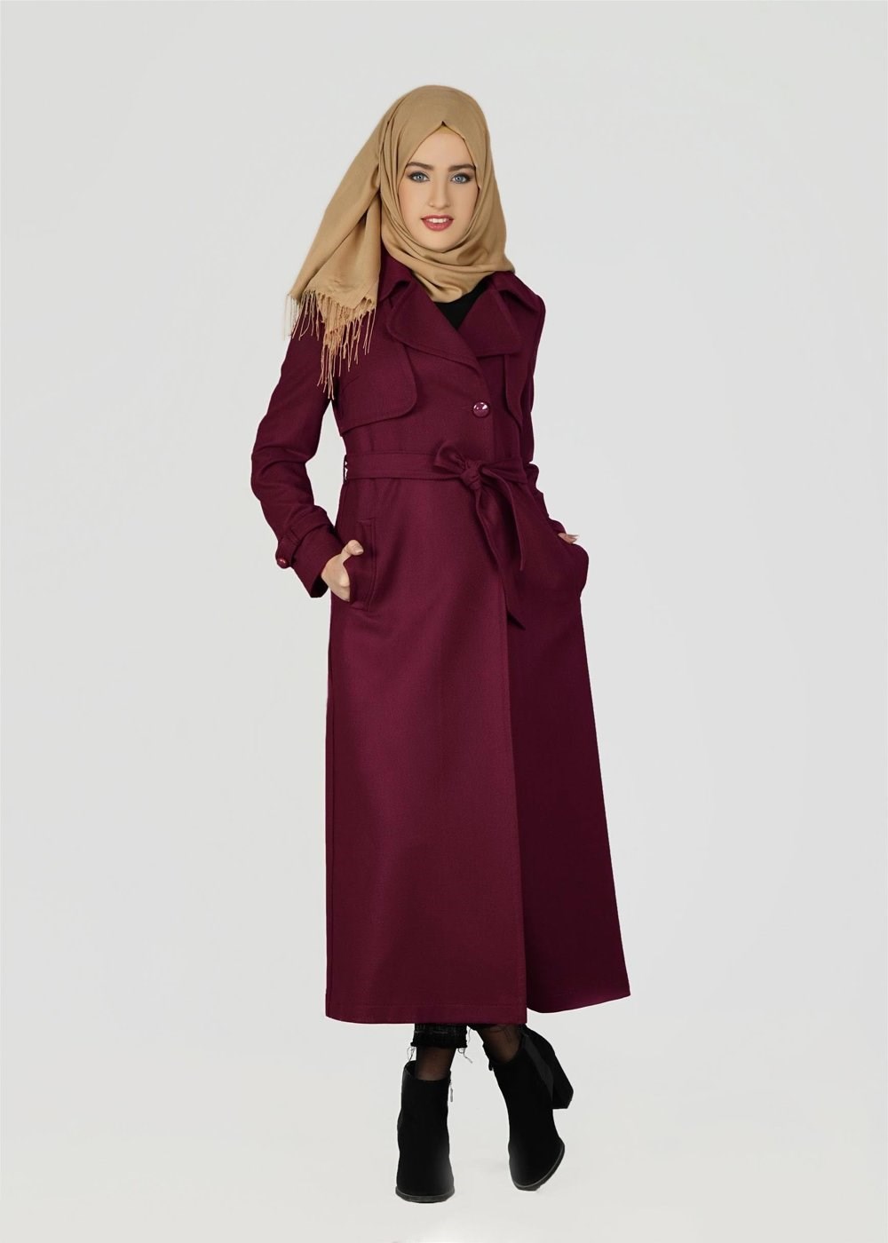 Tesettür giyim BORDO KRUVAZE YAKA KUŞAKLI TRENÇKOT 1949