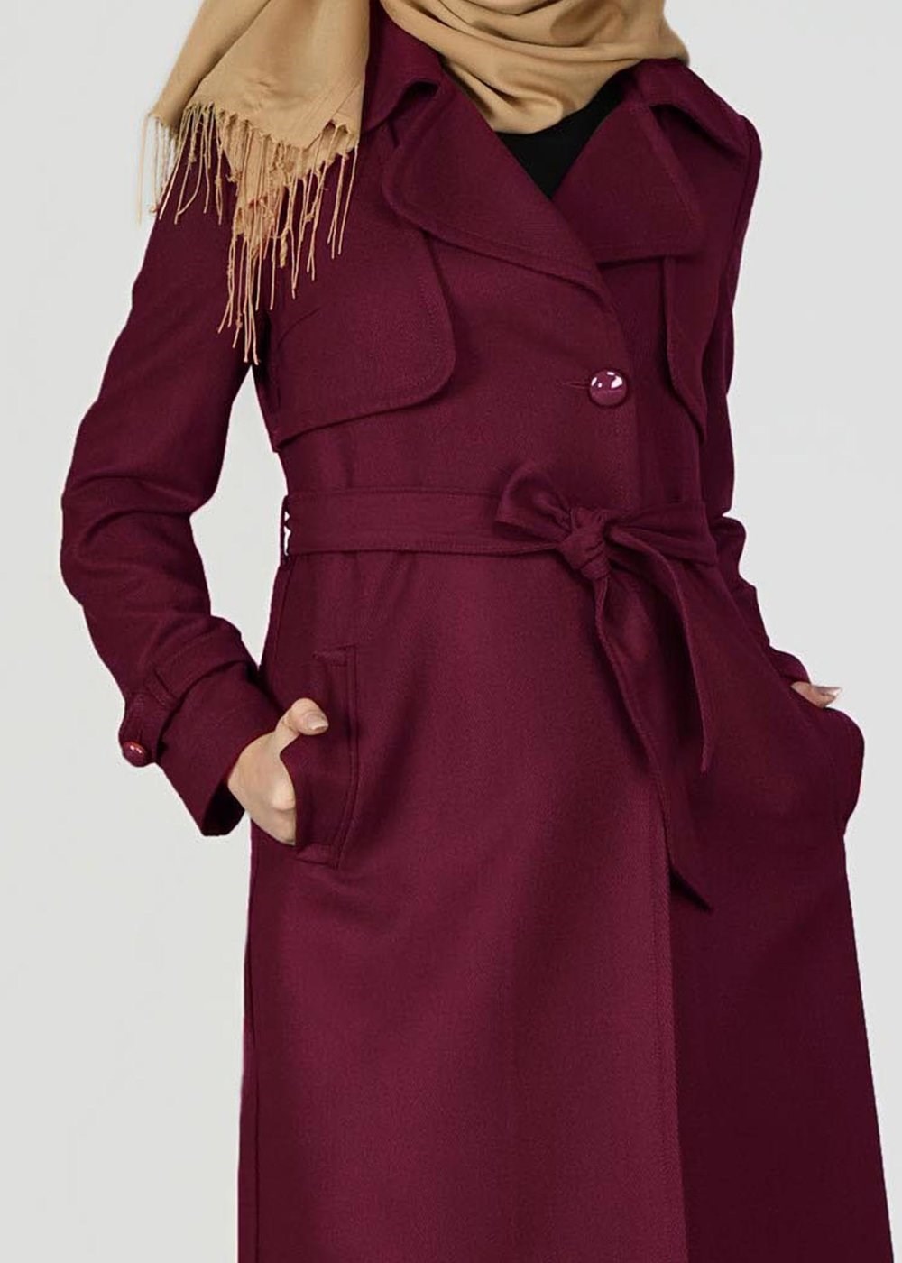 Tesettür giyim BORDO KRUVAZE YAKA KUŞAKLI TRENÇKOT 1949