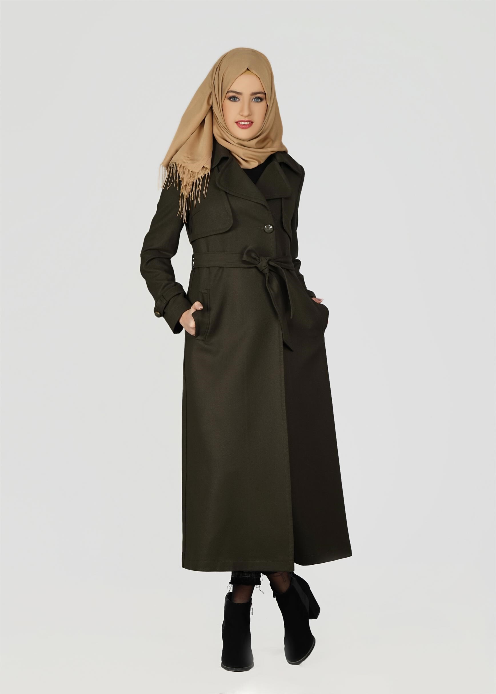 Tesettür giyim HAKİ KRUVAZE YAKA KUŞAKLI TRENÇKOT 1949