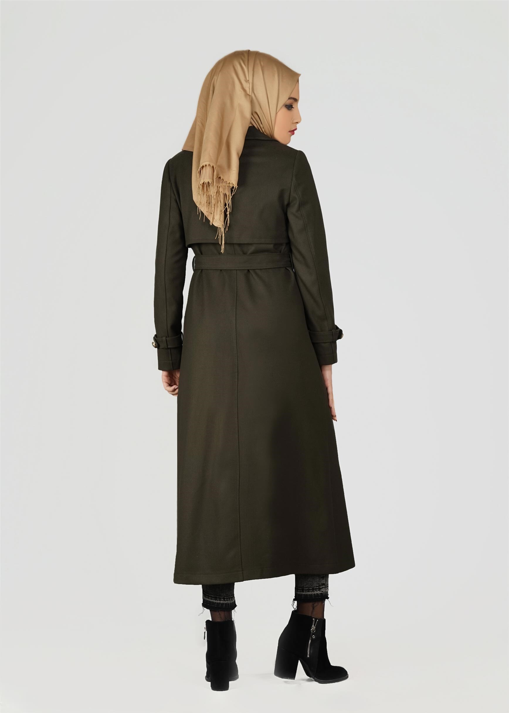 Tesettür giyim HAKİ KRUVAZE YAKA KUŞAKLI TRENÇKOT 1949