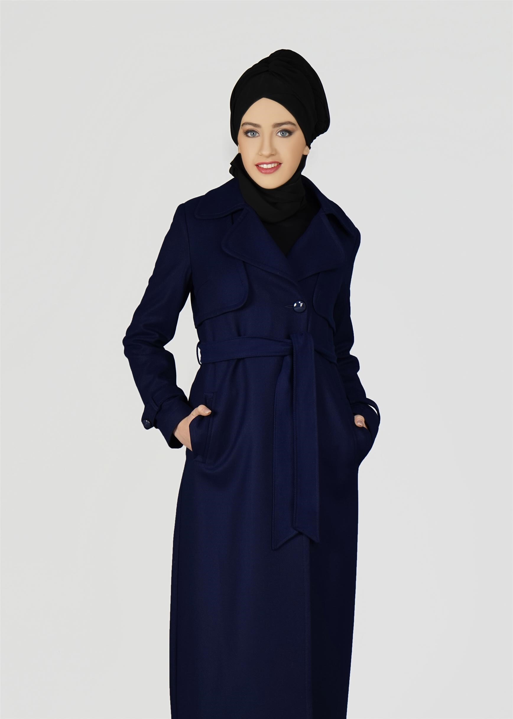 Tesettür giyim LACİVERT KRUVAZE YAKA KUŞAKLI TRENÇKOT 1949