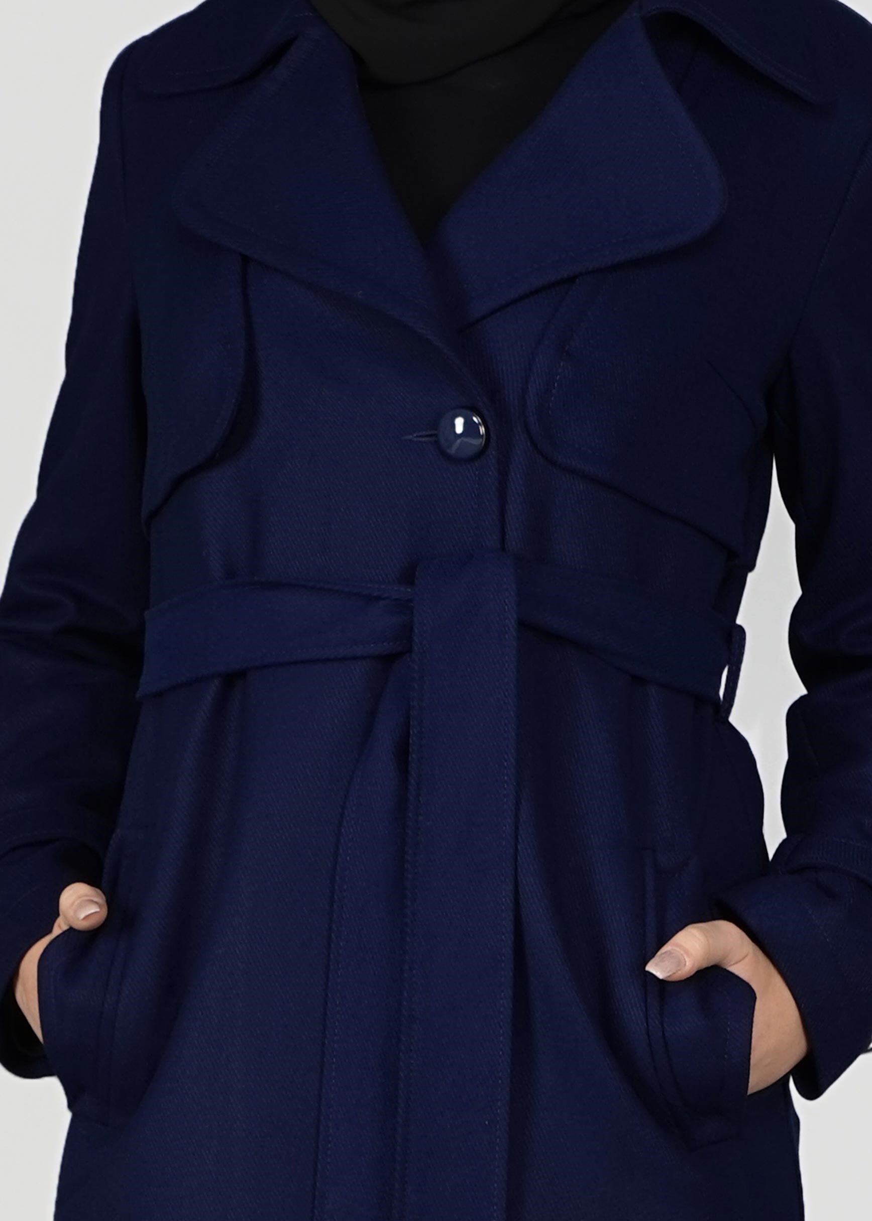 Tesettür giyim LACİVERT KRUVAZE YAKA KUŞAKLI TRENÇKOT 1949