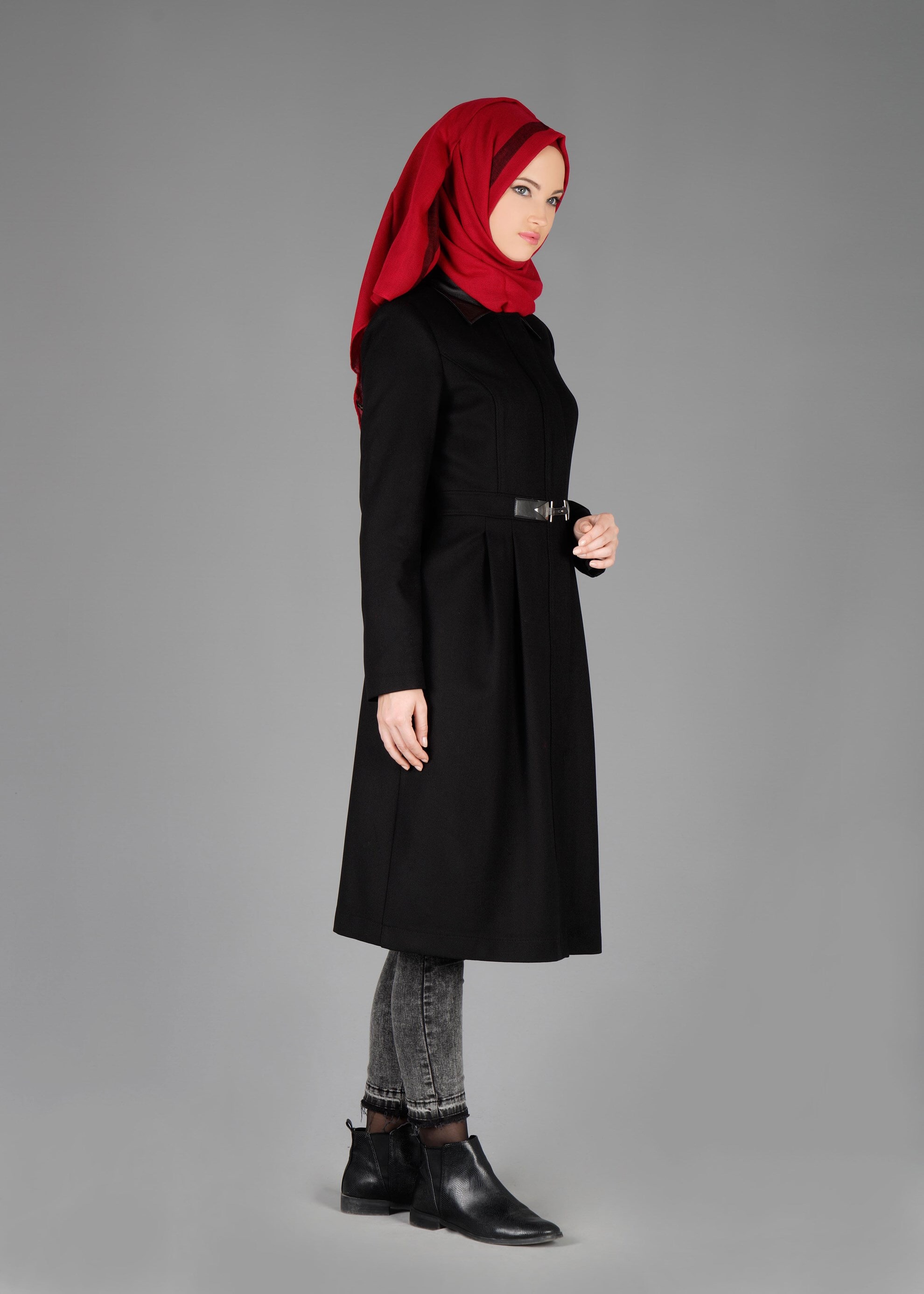 Tesettür giyim SİYAH ERKEK YAKA GİZLİ DÜĞMELİ TRENÇKOT 1951