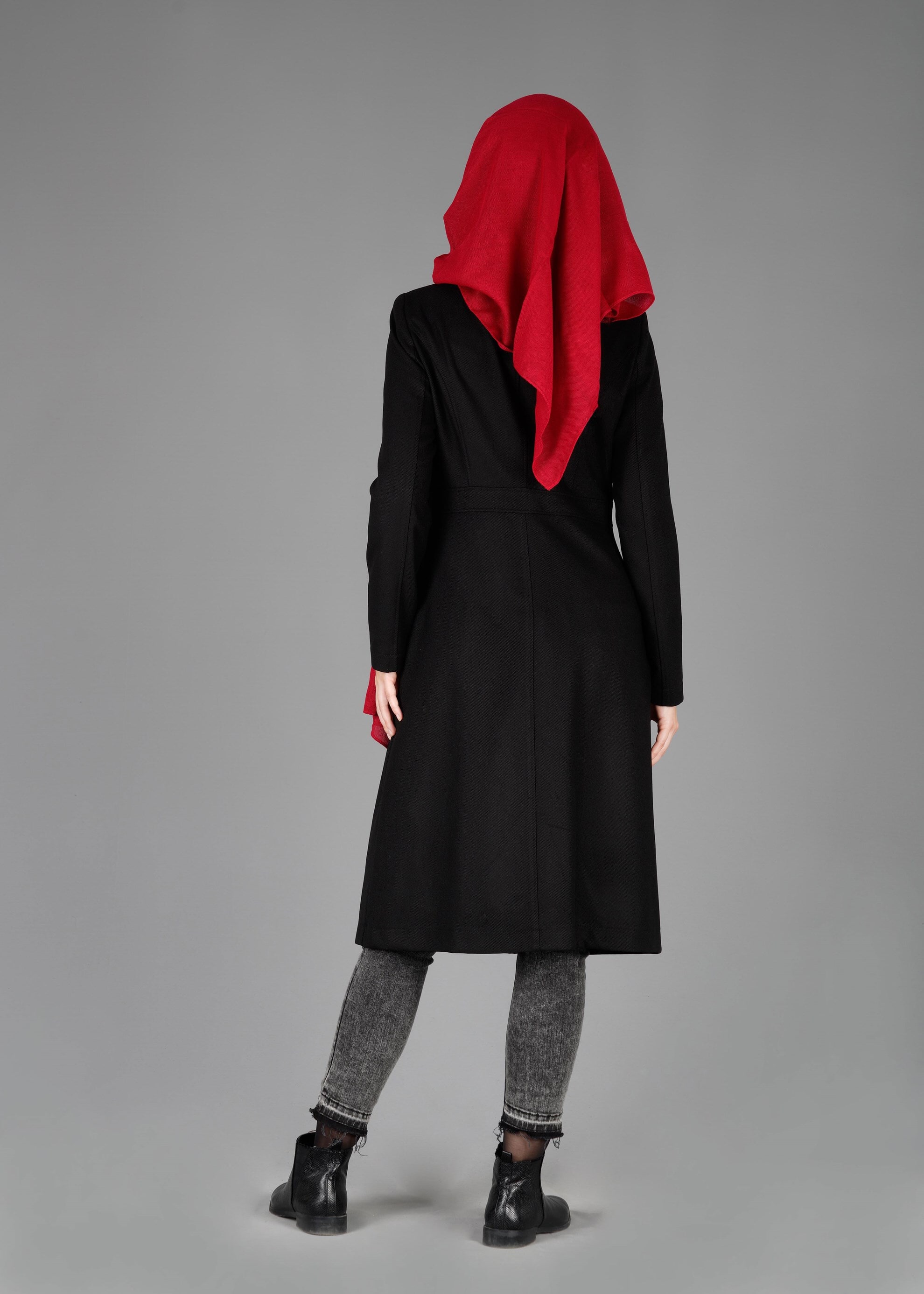 Tesettür giyim SİYAH ERKEK YAKA GİZLİ DÜĞMELİ TRENÇKOT 1951