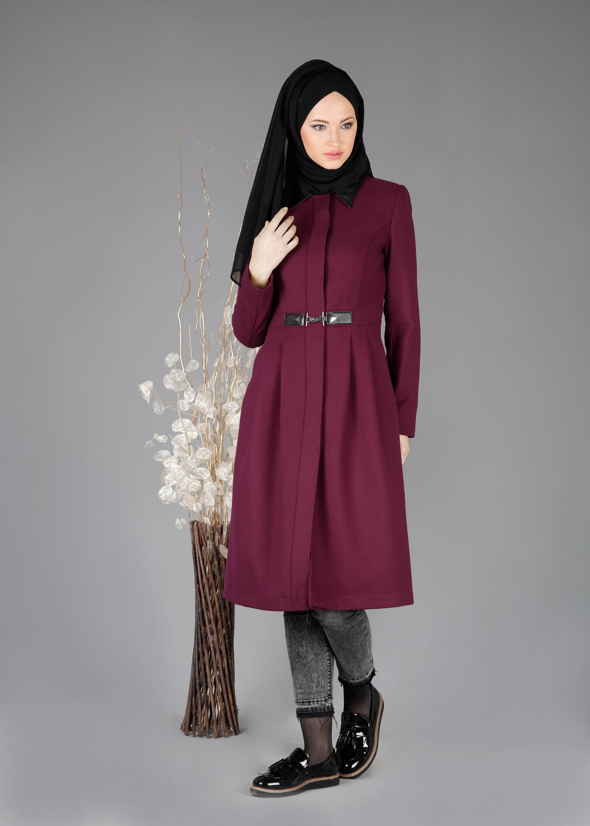 Tesettür giyim MOR ERKEK YAKA GİZLİ DÜĞMELİ TRENÇKOT 1951