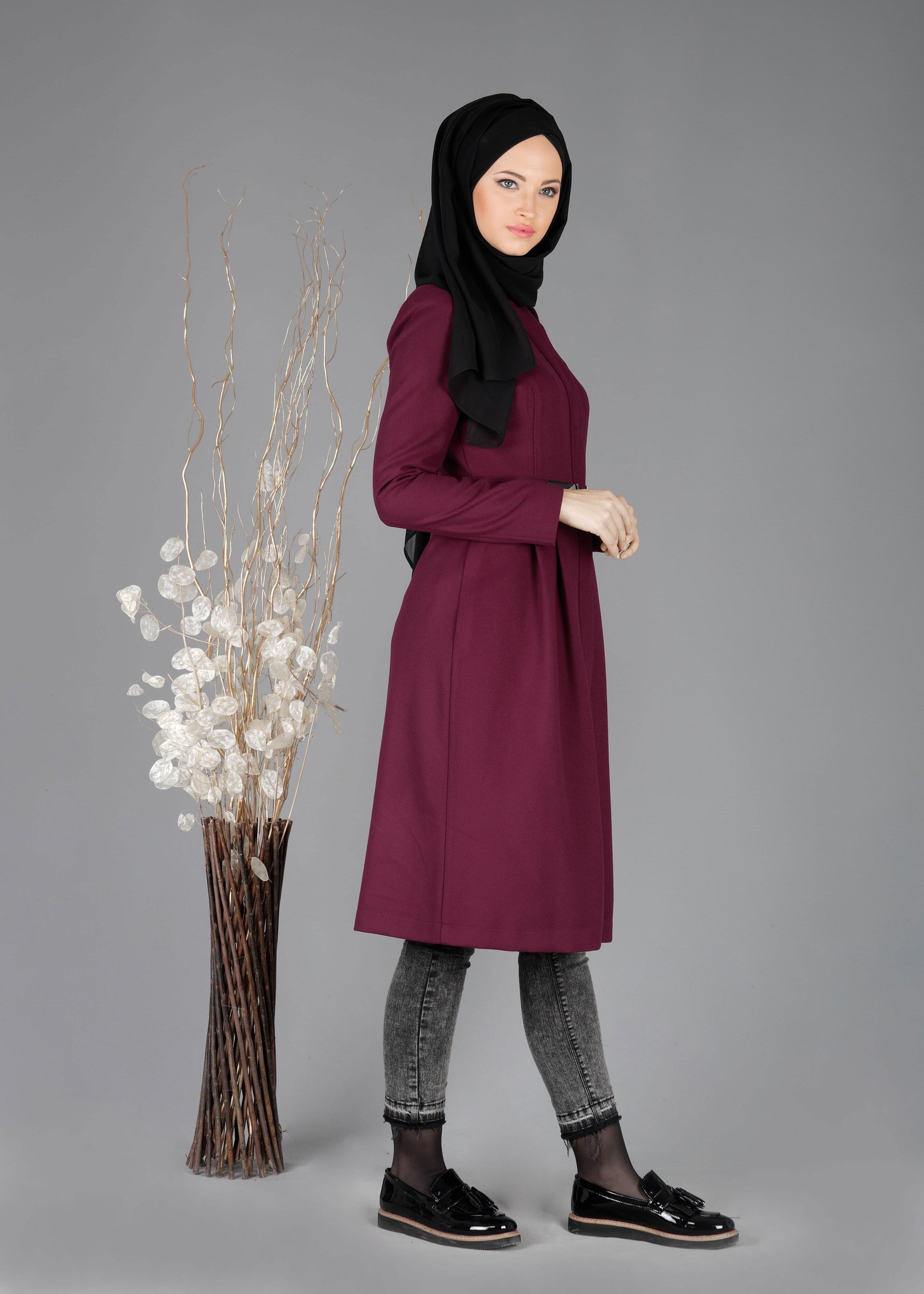 Tesettür giyim MOR ERKEK YAKA GİZLİ DÜĞMELİ TRENÇKOT 1951