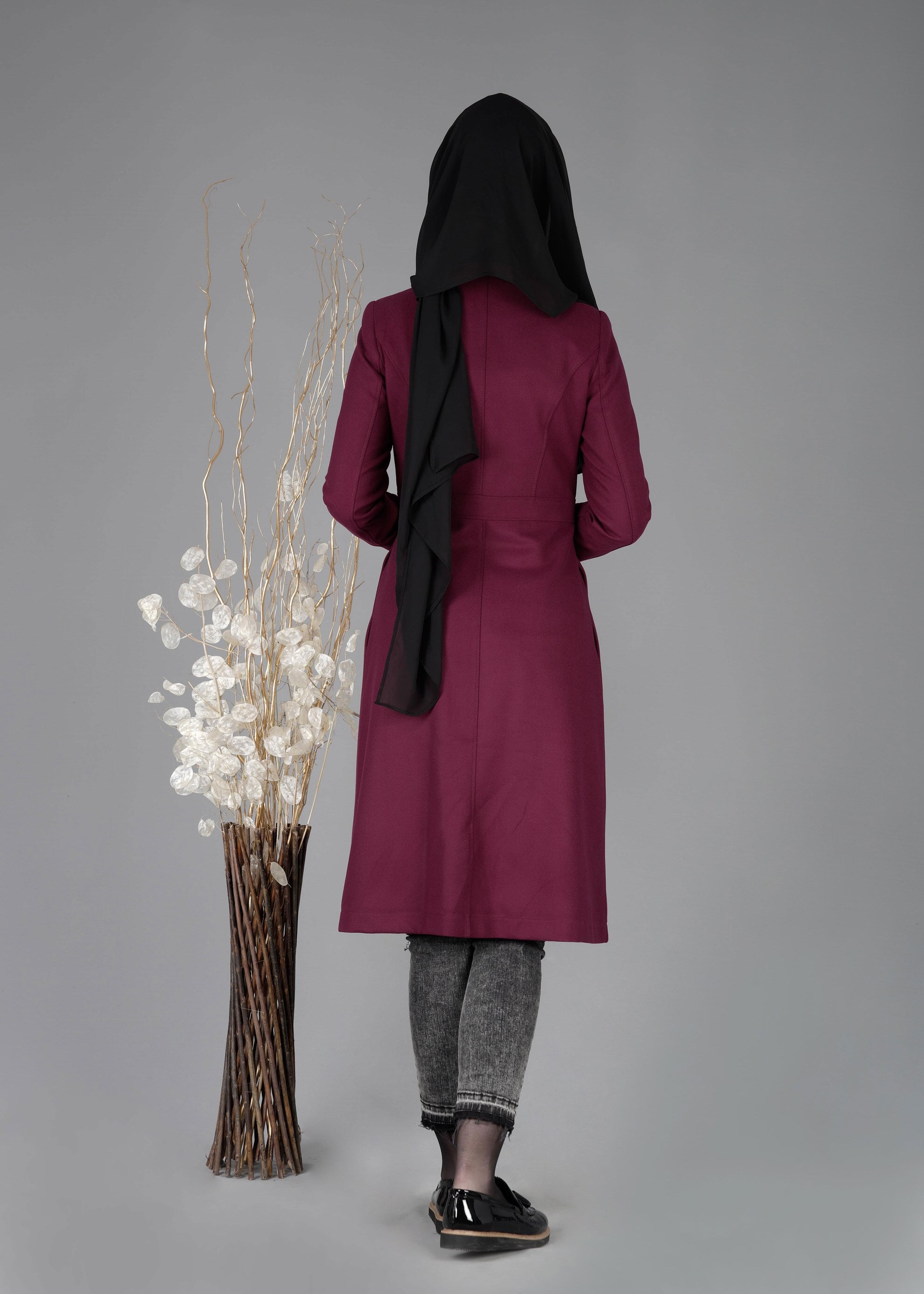 Tesettür giyim MOR ERKEK YAKA GİZLİ DÜĞMELİ TRENÇKOT 1951