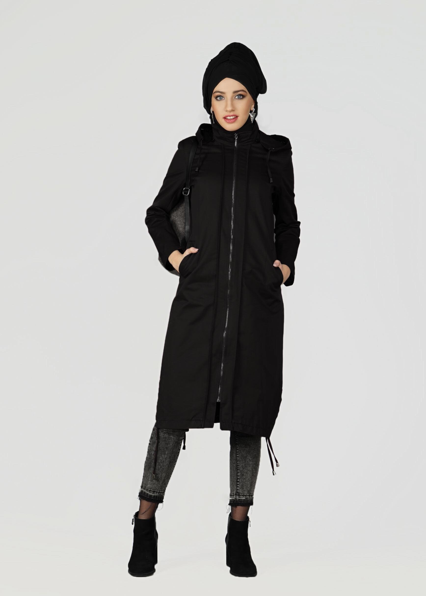 Tesettür giyim SİYAH ETEK UCU BÜZGÜLÜ FERMUARLI TRENÇKOT 1952