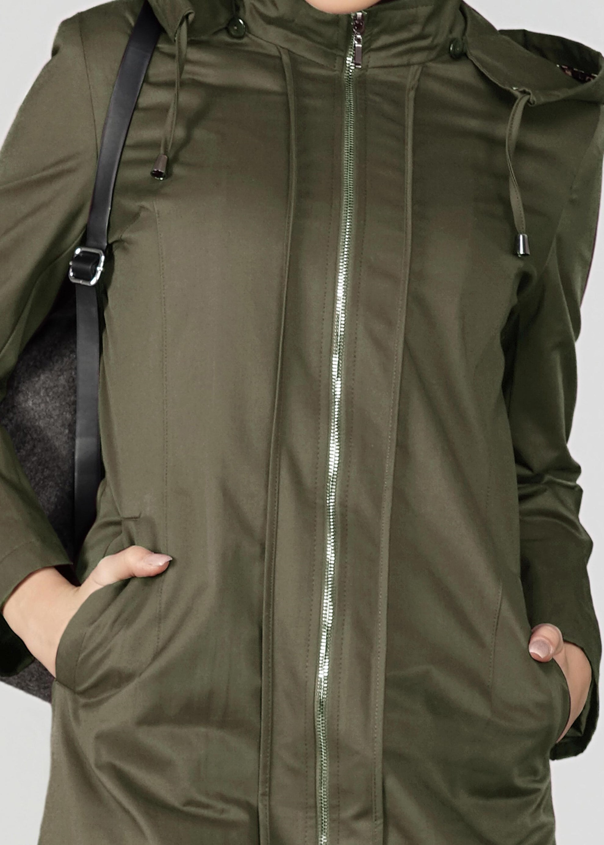 Tesettür giyim HAKİ ETEK UCU BÜZGÜLÜ FERMUARLI TRENÇKOT 1952