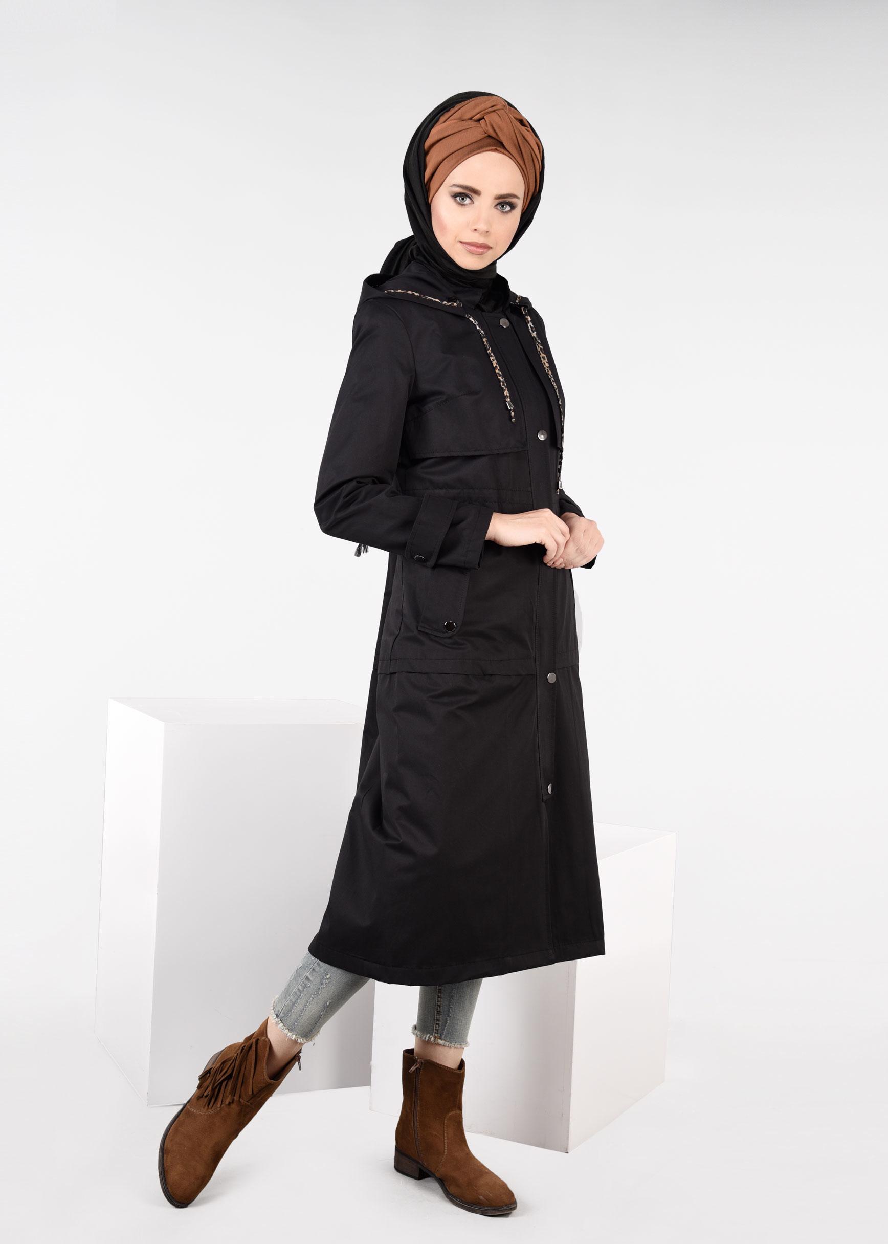 Tesettür giyim SİYAH KAPÜŞONLU ÇITÇITLI TRENÇKOT 1953
