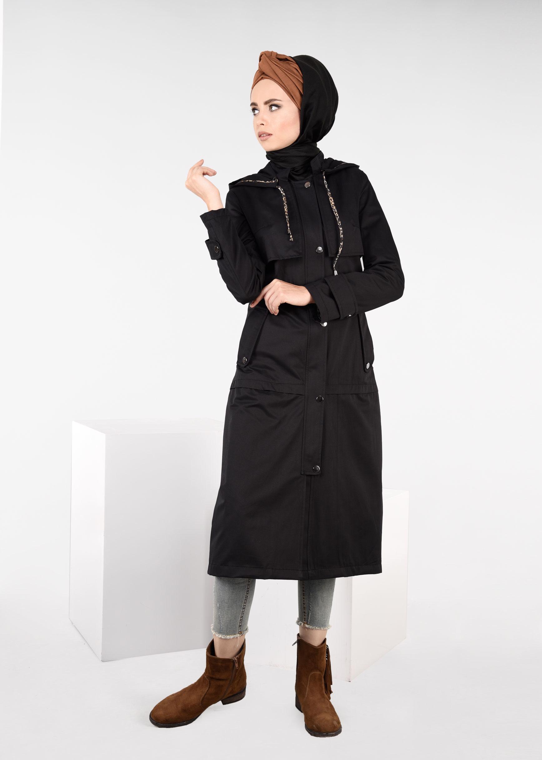 Tesettür giyim SİYAH KAPÜŞONLU ÇITÇITLI TRENÇKOT 1953