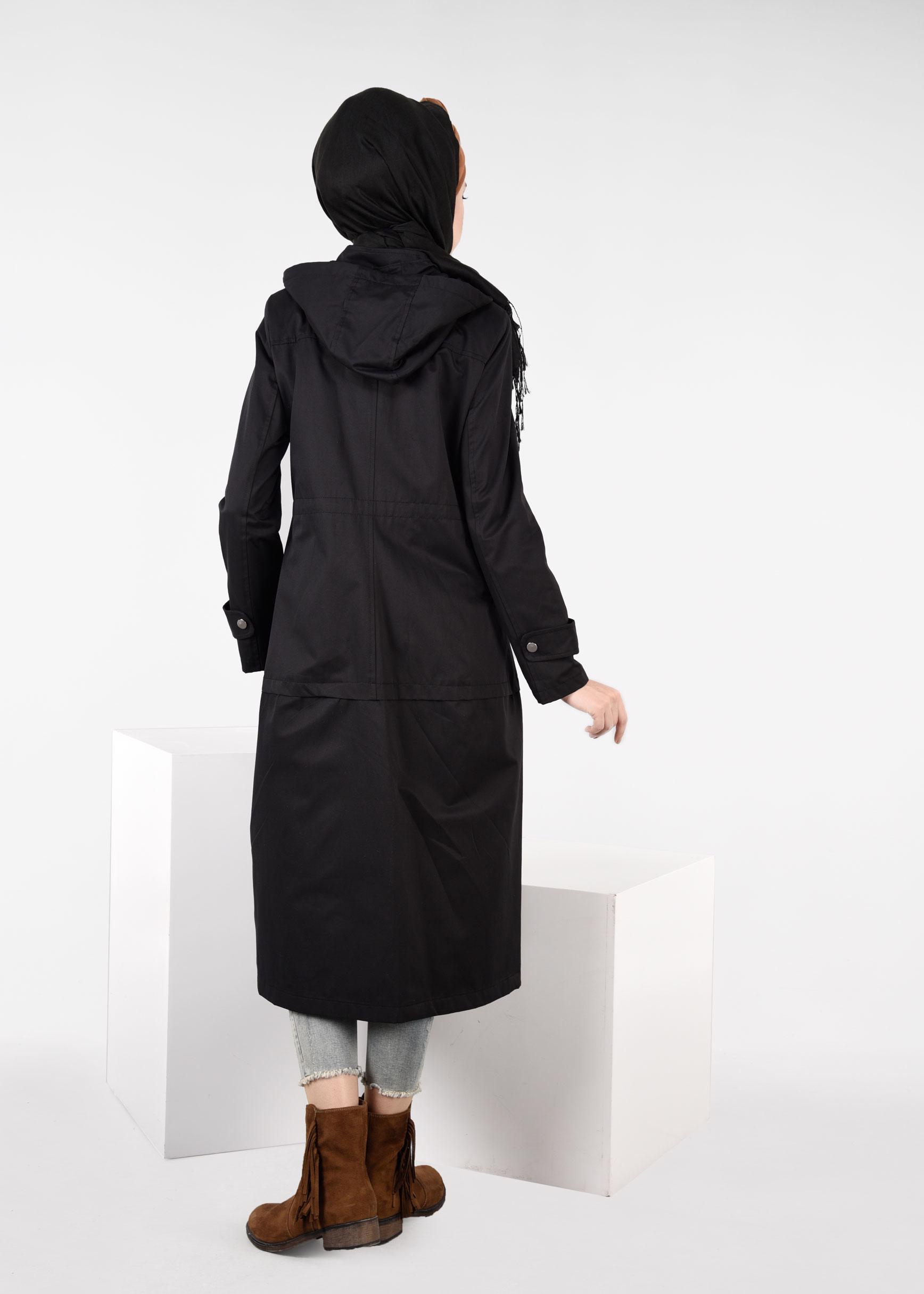 Tesettür giyim SİYAH KAPÜŞONLU ÇITÇITLI TRENÇKOT 1953