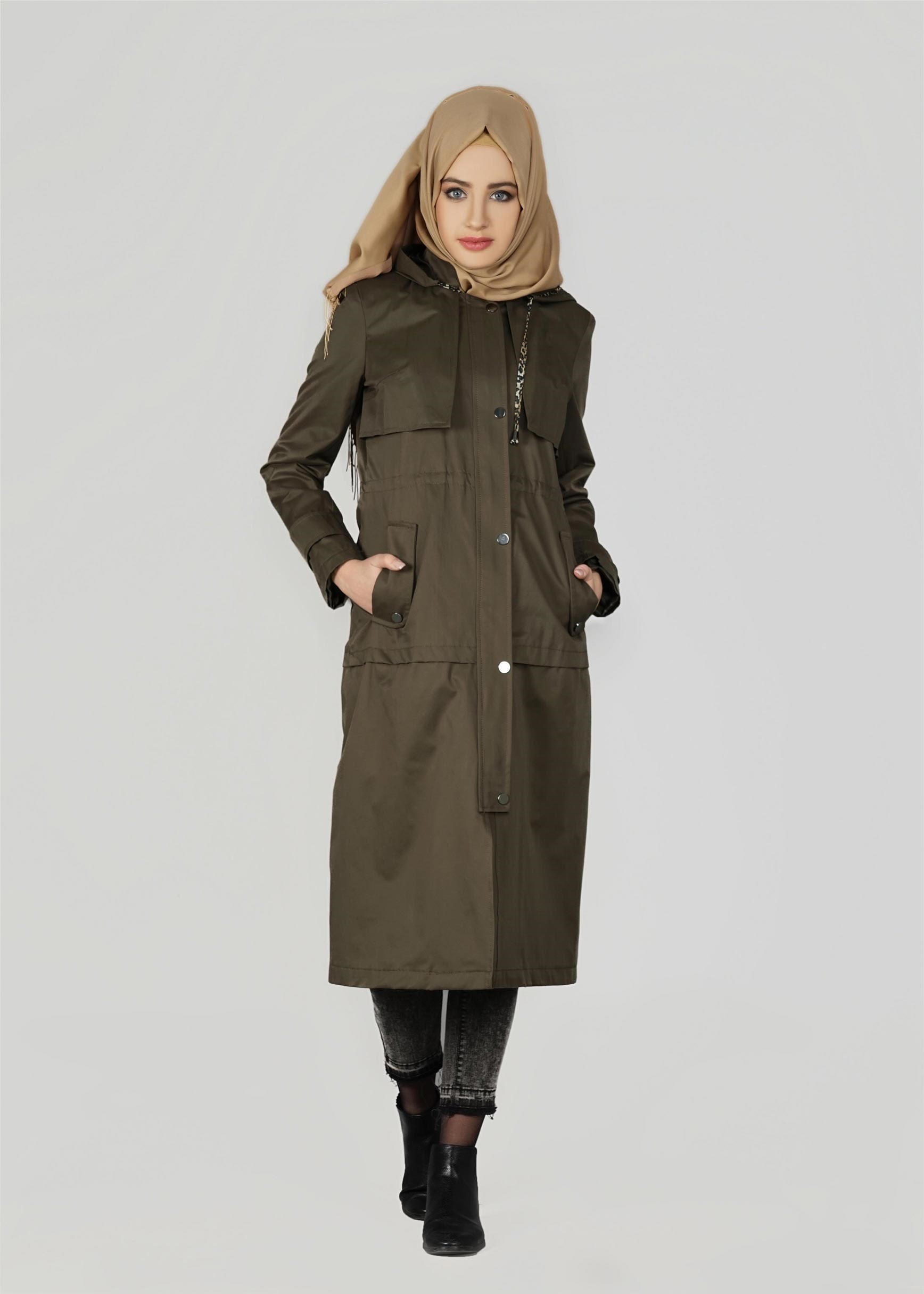 Tesettür giyim HAKİ KAPÜŞONLU ÇITÇITLI TRENÇKOT 1953