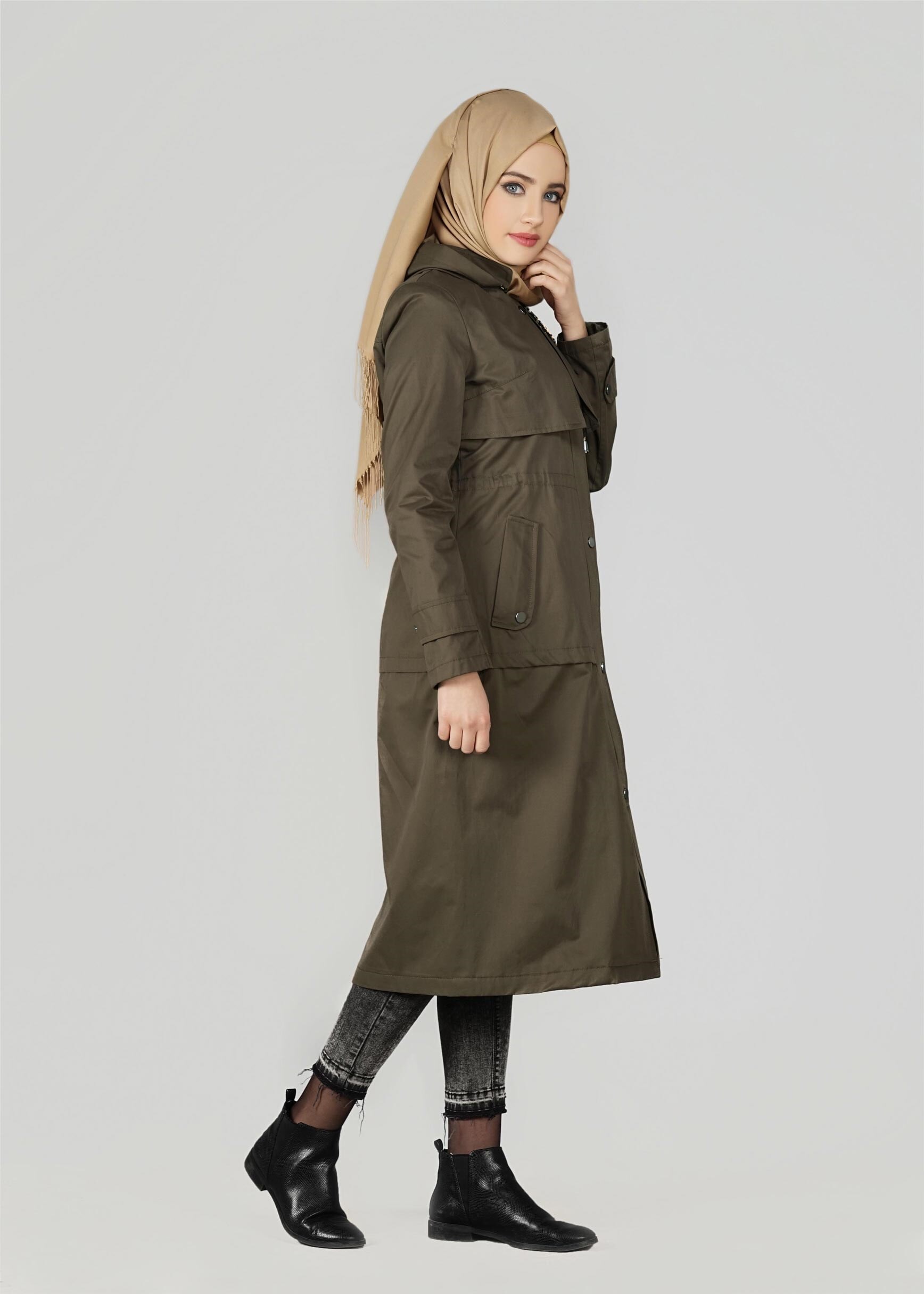 Tesettür giyim HAKİ KAPÜŞONLU ÇITÇITLI TRENÇKOT 1953