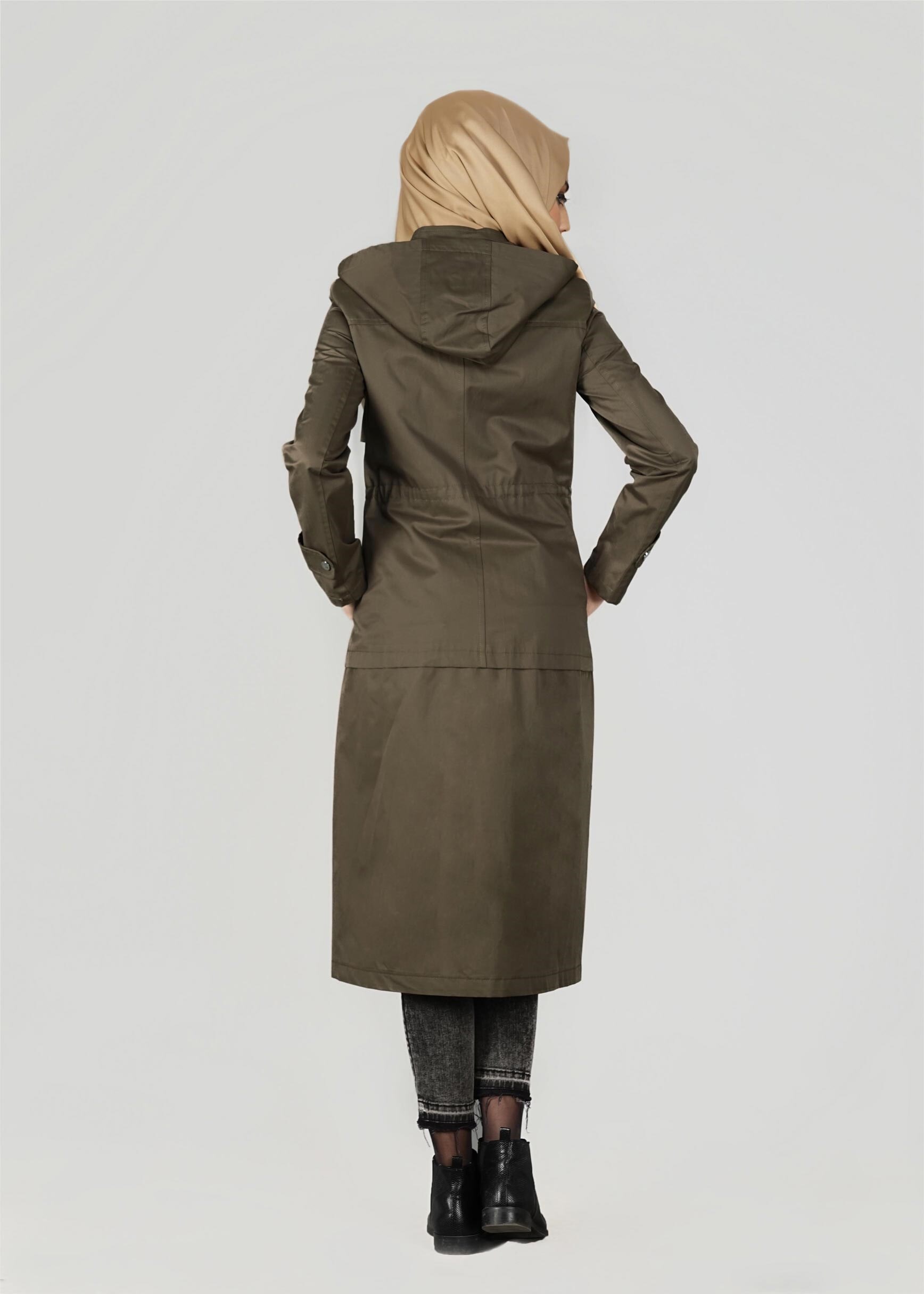 Tesettür giyim HAKİ KAPÜŞONLU ÇITÇITLI TRENÇKOT 1953