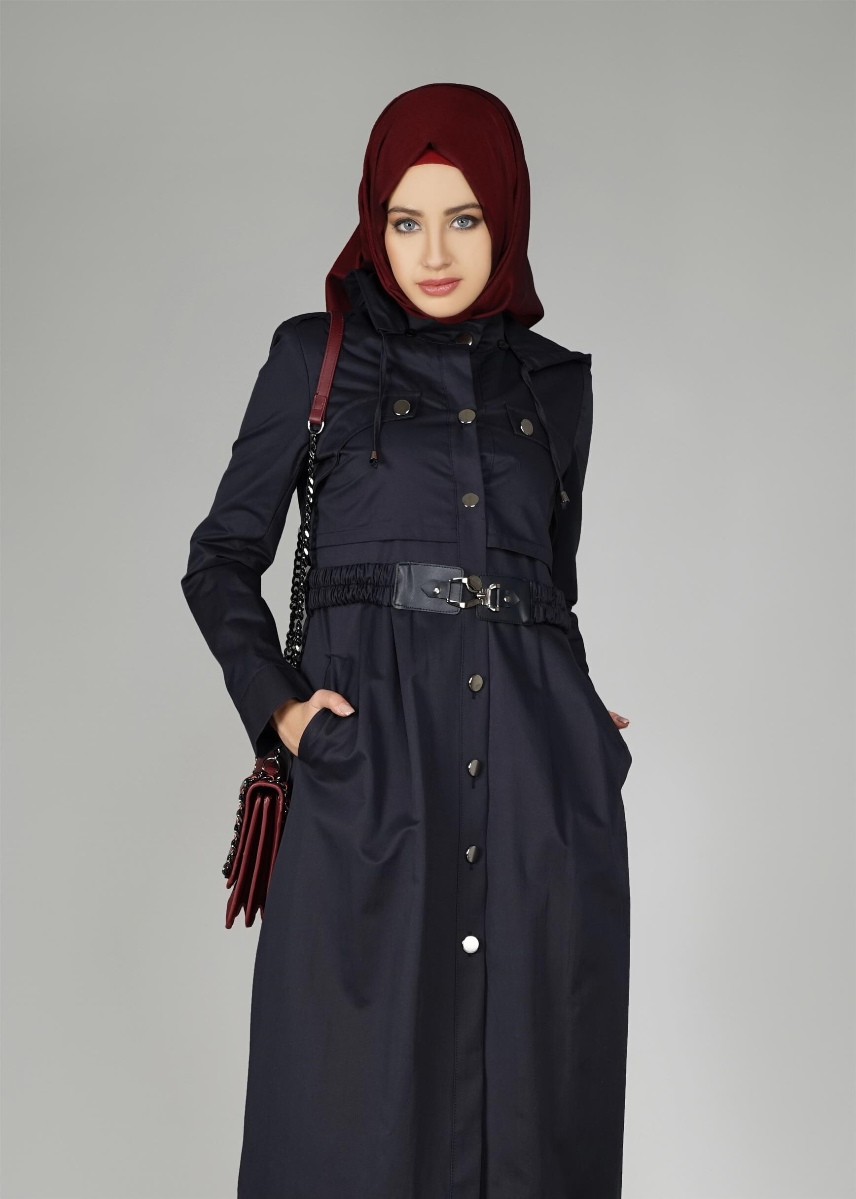 Tesettür giyim LACİVERT KAPÜŞONLU DÜĞMELİ TRENÇKOT 1954