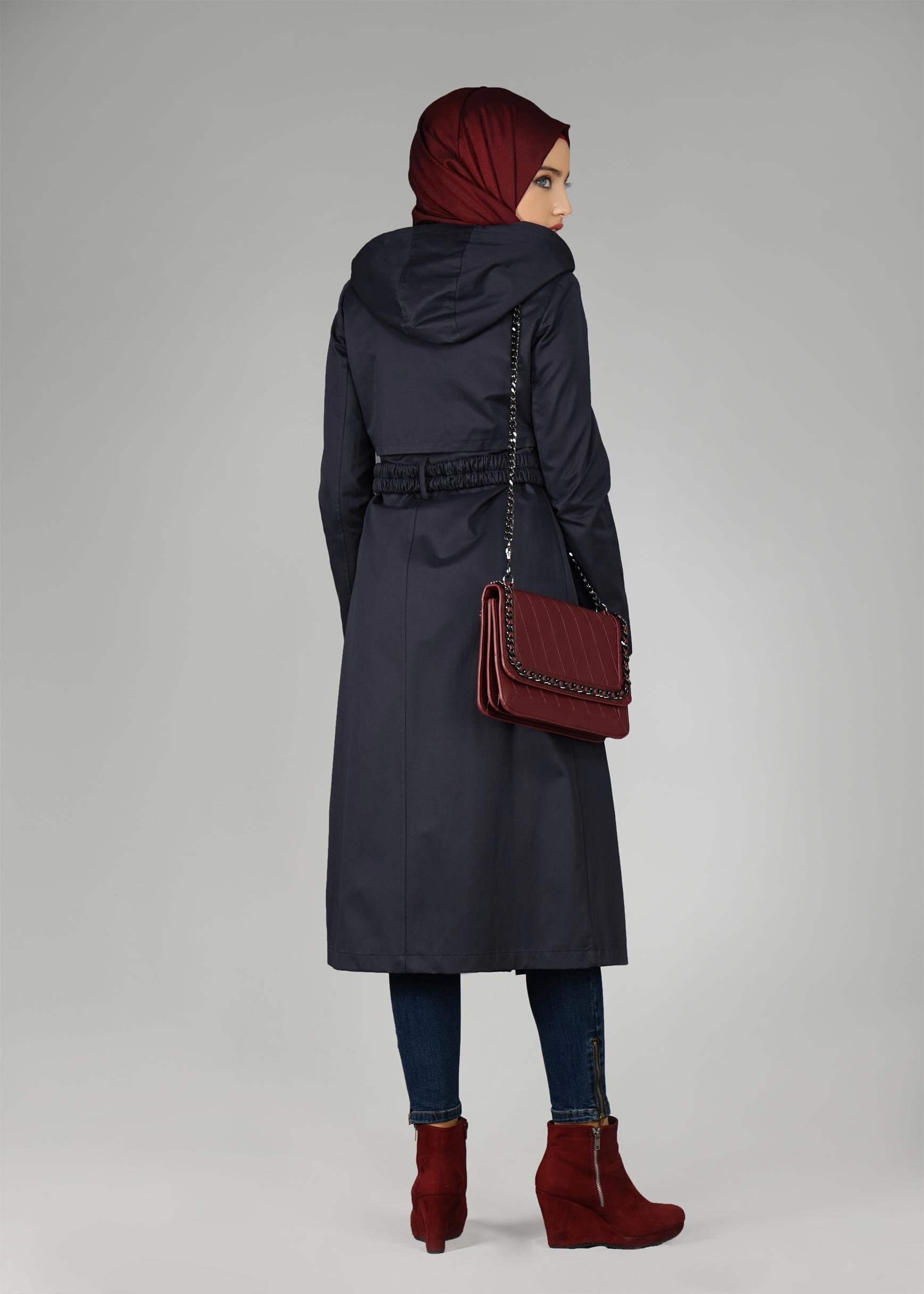 Tesettür giyim LACİVERT KAPÜŞONLU DÜĞMELİ TRENÇKOT 1954